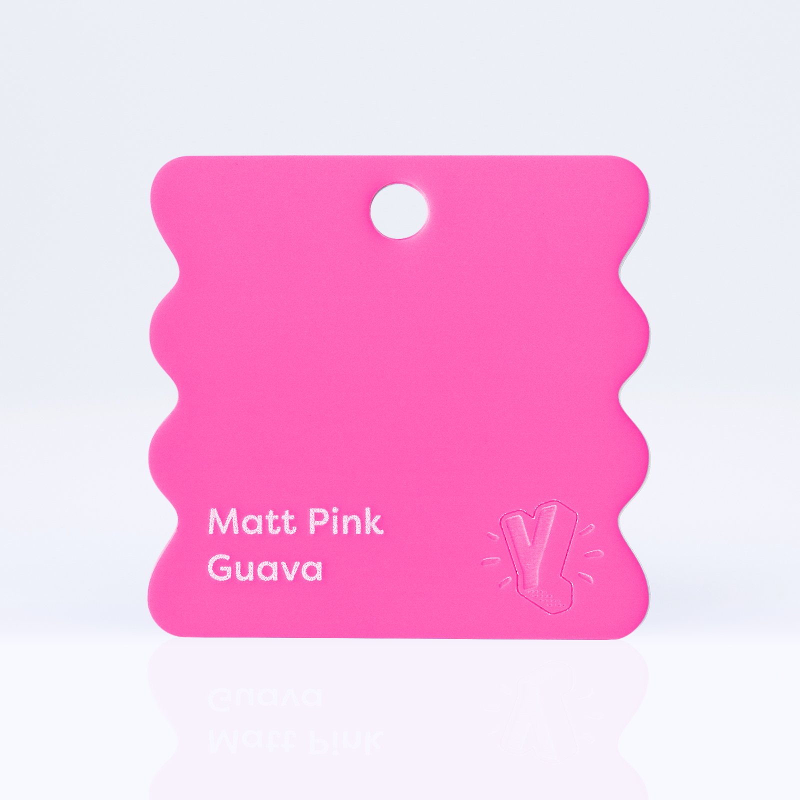 Pink acrylic Perspex swatch labelled "Matt Pink Guava" with a scalloped edge. YEAH laser logo on the bottom right.