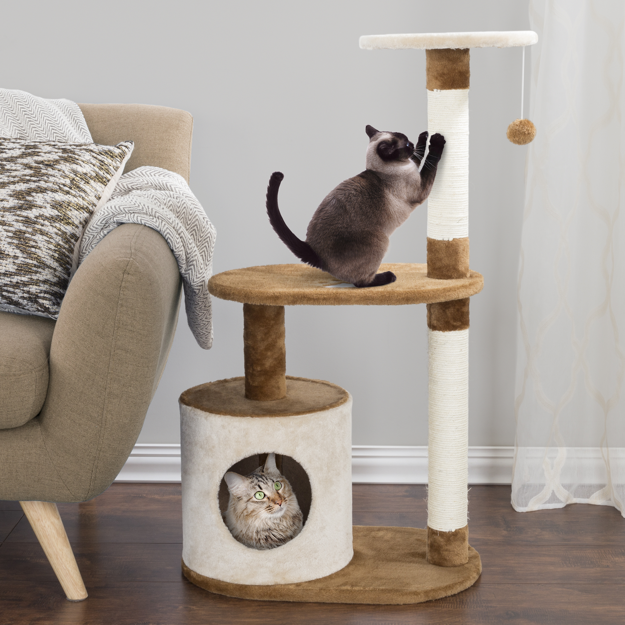 44.75 PETMAKER Cat Tree 5 Tier Double Decker Condo 4 Toys 2 Scratching Posts Gray & White 