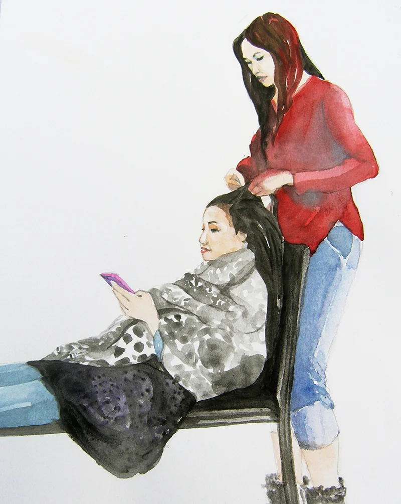 Portrait of nail techs, Fabriano paper, 9 x 11.5 inches