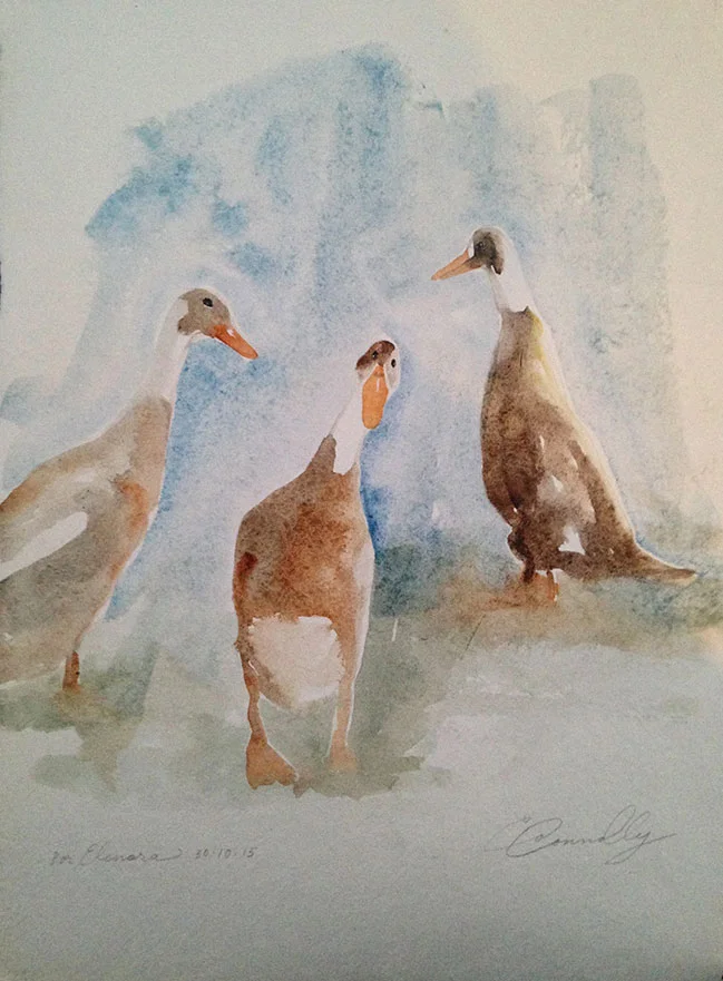 Elanora’s teenage ducks: watercolor, handmade paper cp, 10 x 13 in / 26 x 33 cm