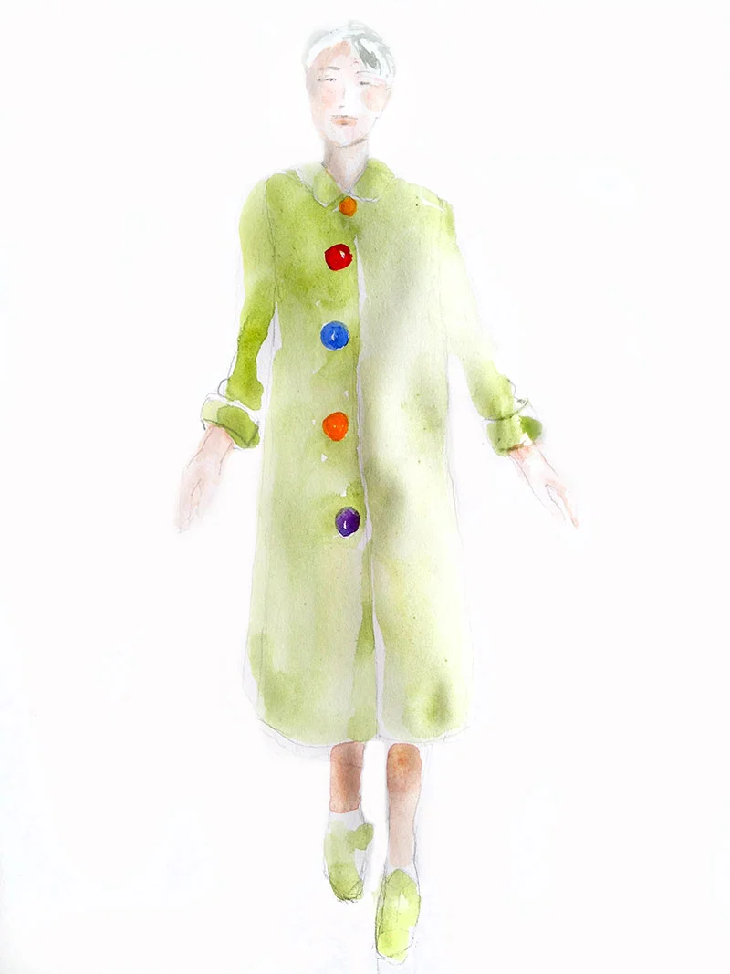 Lime green coat in Berlin: watercolor, sketchbook, 7 x 9 in / 18 x 23 cm