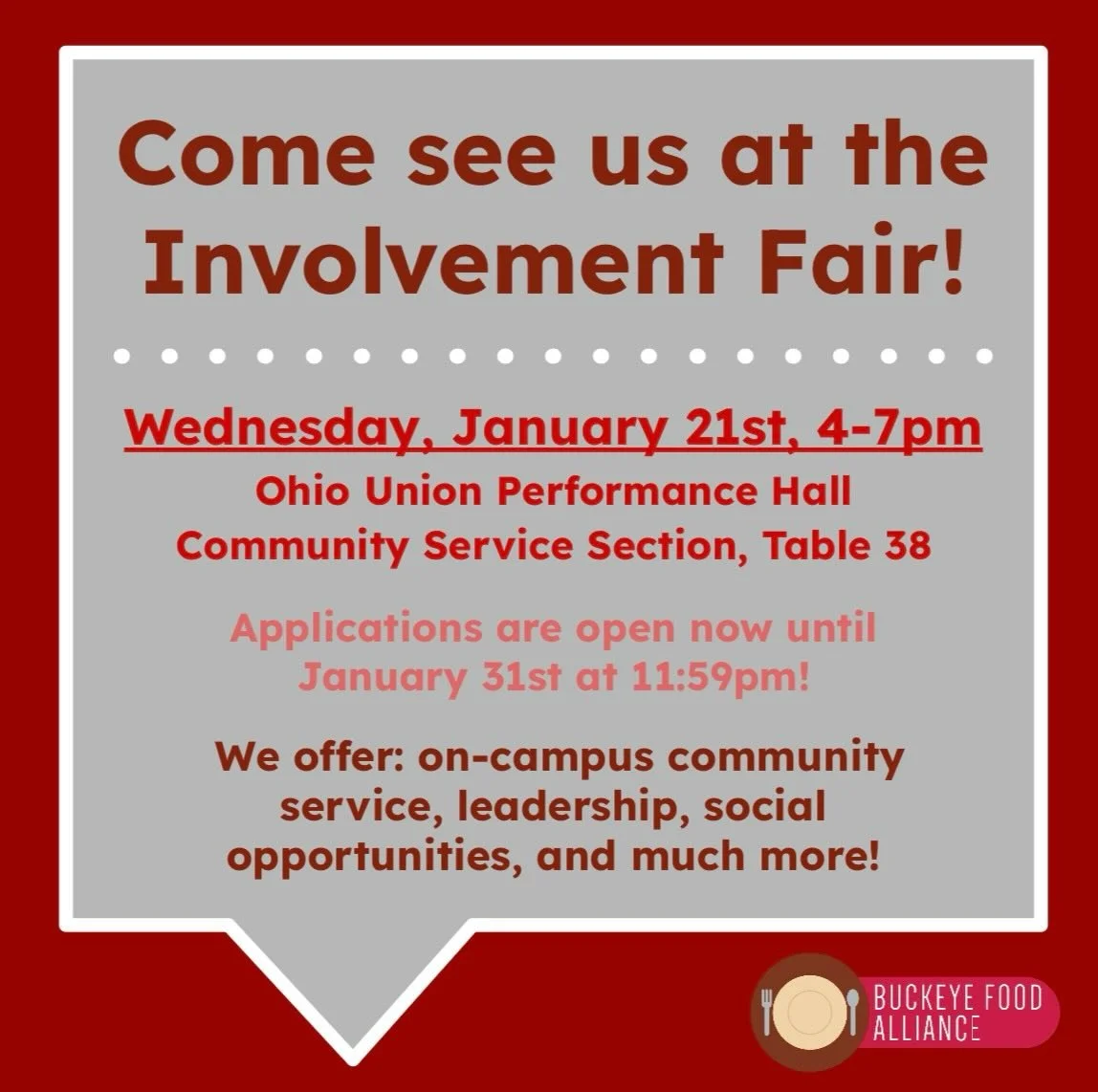 Come see us at the Spring Student Involvement Fair🌱
Learn how Buckeye Food Alliance is working to end essential needs insecurity and how you can get involved!
📍Performance Hall in the Ohio Union
🗓️Wednesday, January 21
🔢Table 38 | Community Servi