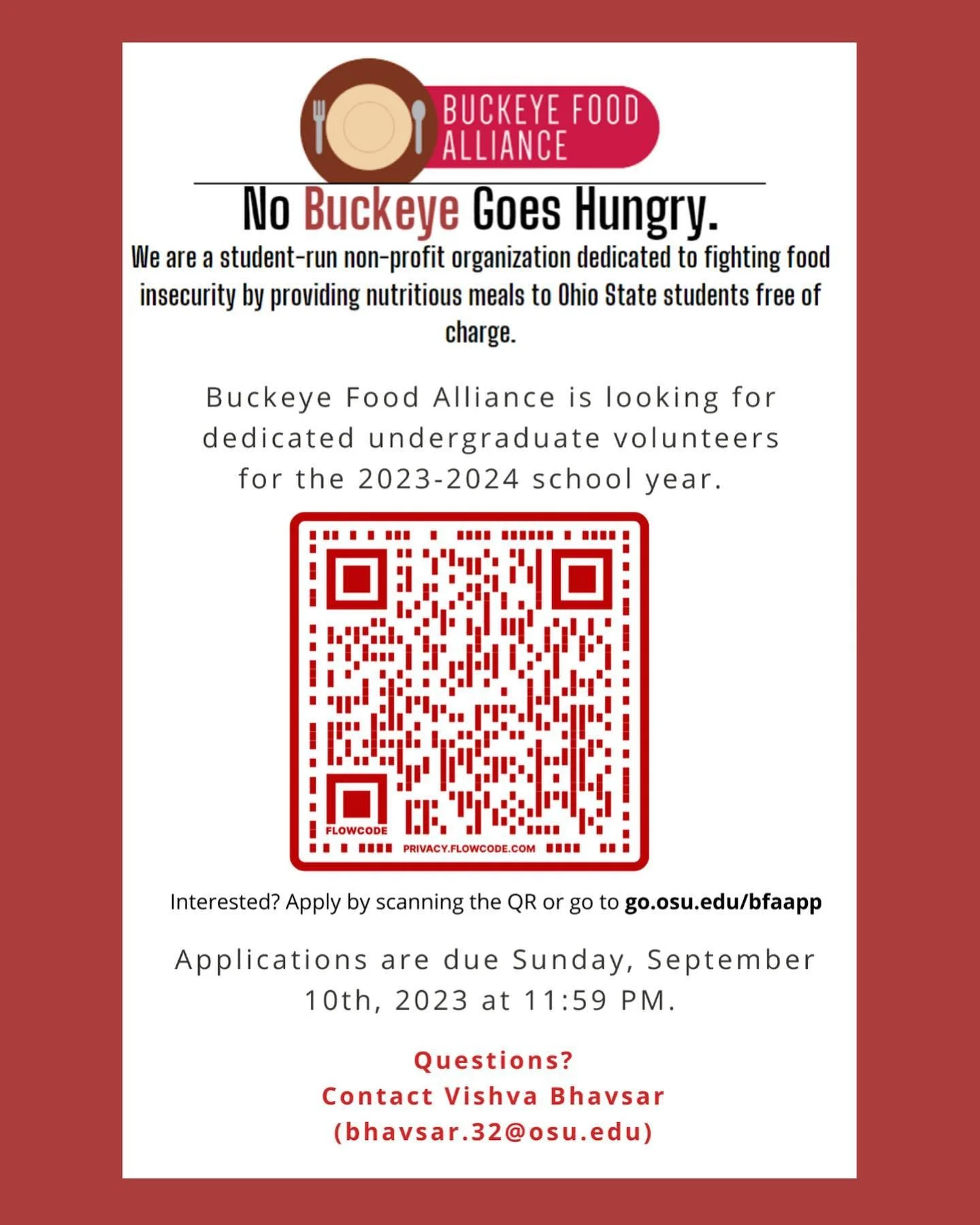 Buckeye Food Alliance is accepting new volunteers for the 2023-2024 school year! The applications are currently open and will close on Sunday, September 10th at 11:59 PM.  Scan the QR code in the post or fill out the application at go.osu.edu/bfaapp.