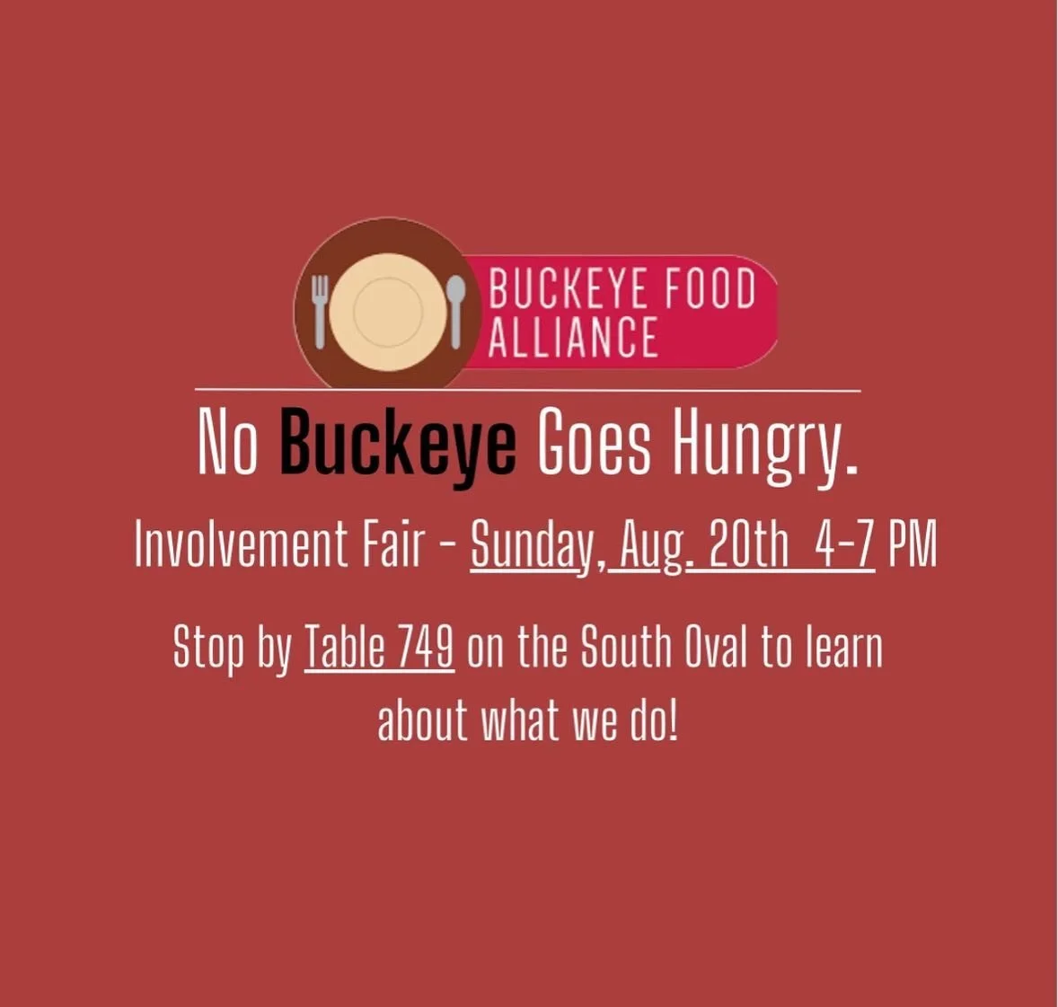 Be sure to stop by to see us tomorrow! We will have FREE snacks and information about how you can help ensure that No Buckeye Goes Hungry. See you there.