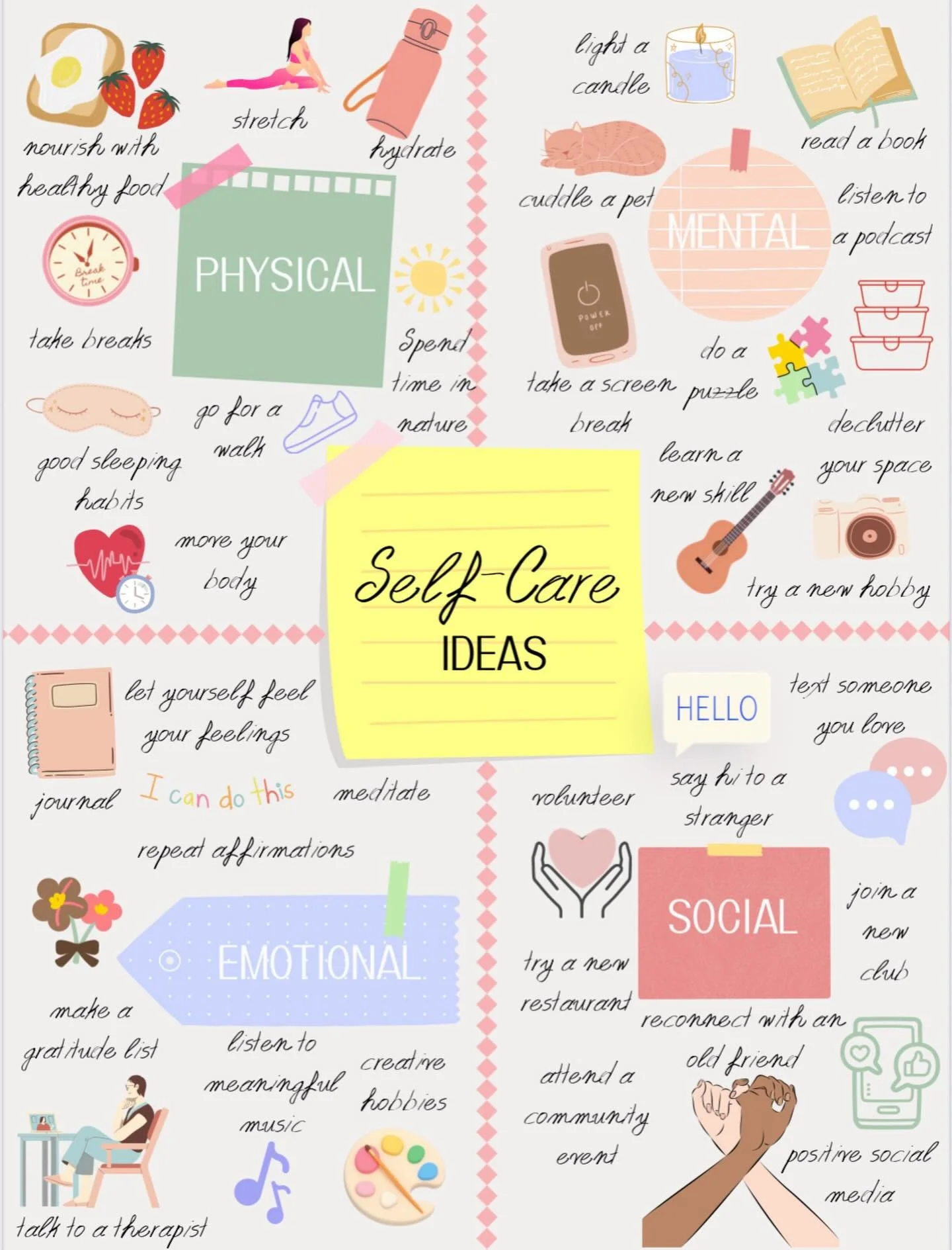 Happy Wellness Wednesday! 

Self-care can be physical, mental, emotional, or social. Whether it&rsquo;s nourishing your body with healthy food, journaling, going for a walk, or reconnecting with a friend, small habits can make a big impact.

Take a m