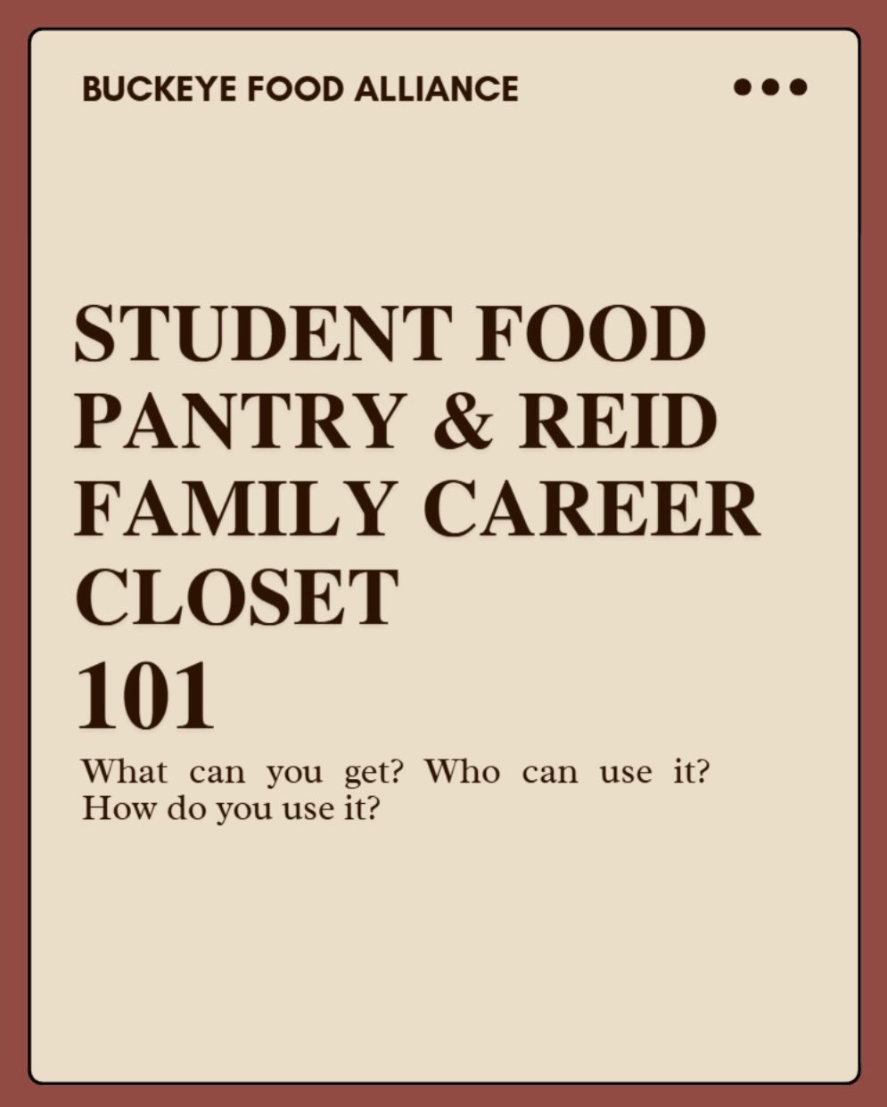 A quick guide to using the Food Pantry and Career Closet at the Monda Student Resource Center. We hope to see you there!❤️🌰