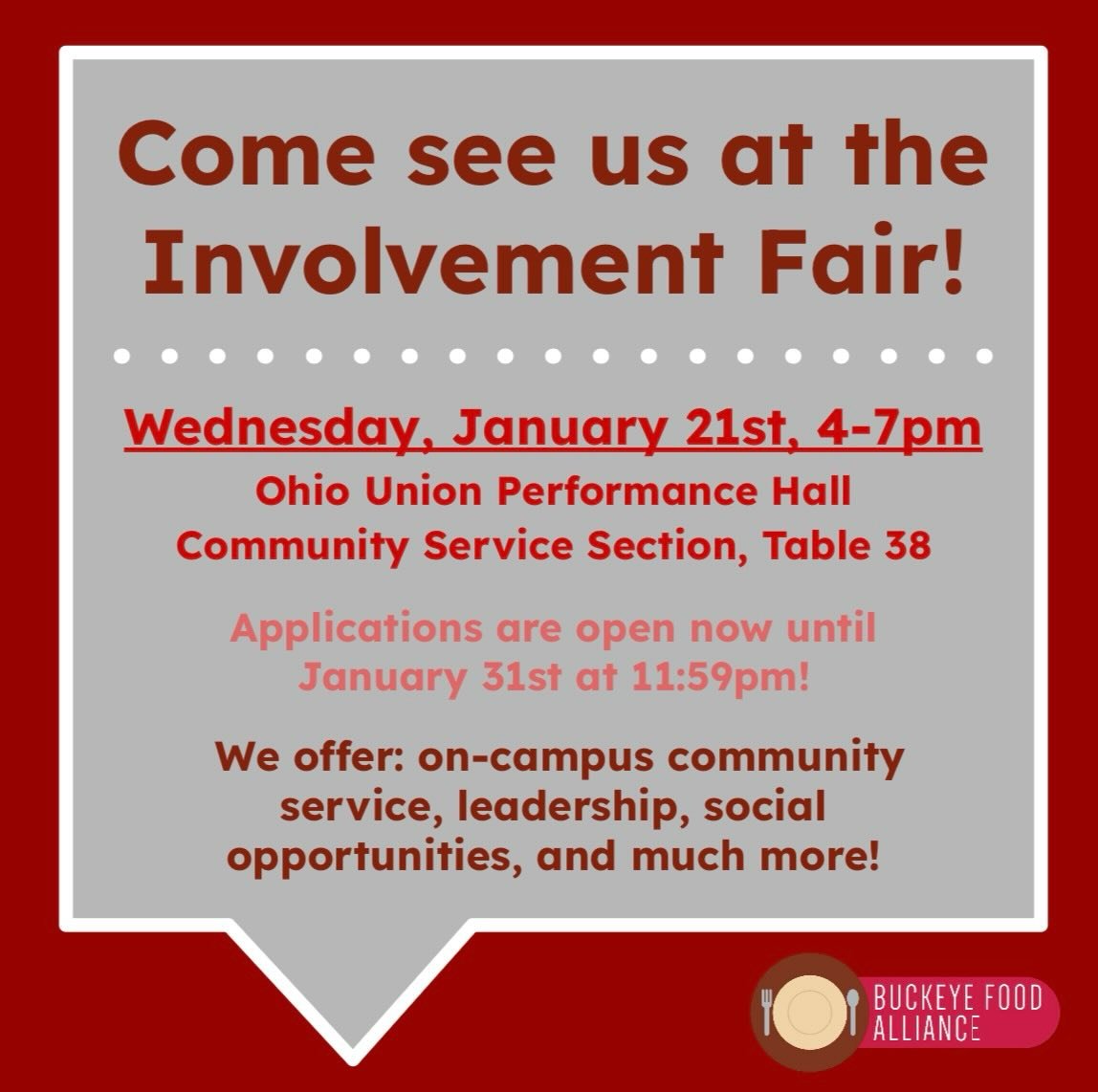 Come see us at the Spring Student Involvement Fair🌱
Learn how Buckeye Food Alliance is working to end essential needs insecurity and how you can get involved!
📍Performance Hall in the Ohio Union
🗓️Wednesday, January 21
🔢Table 38 | Community Servi