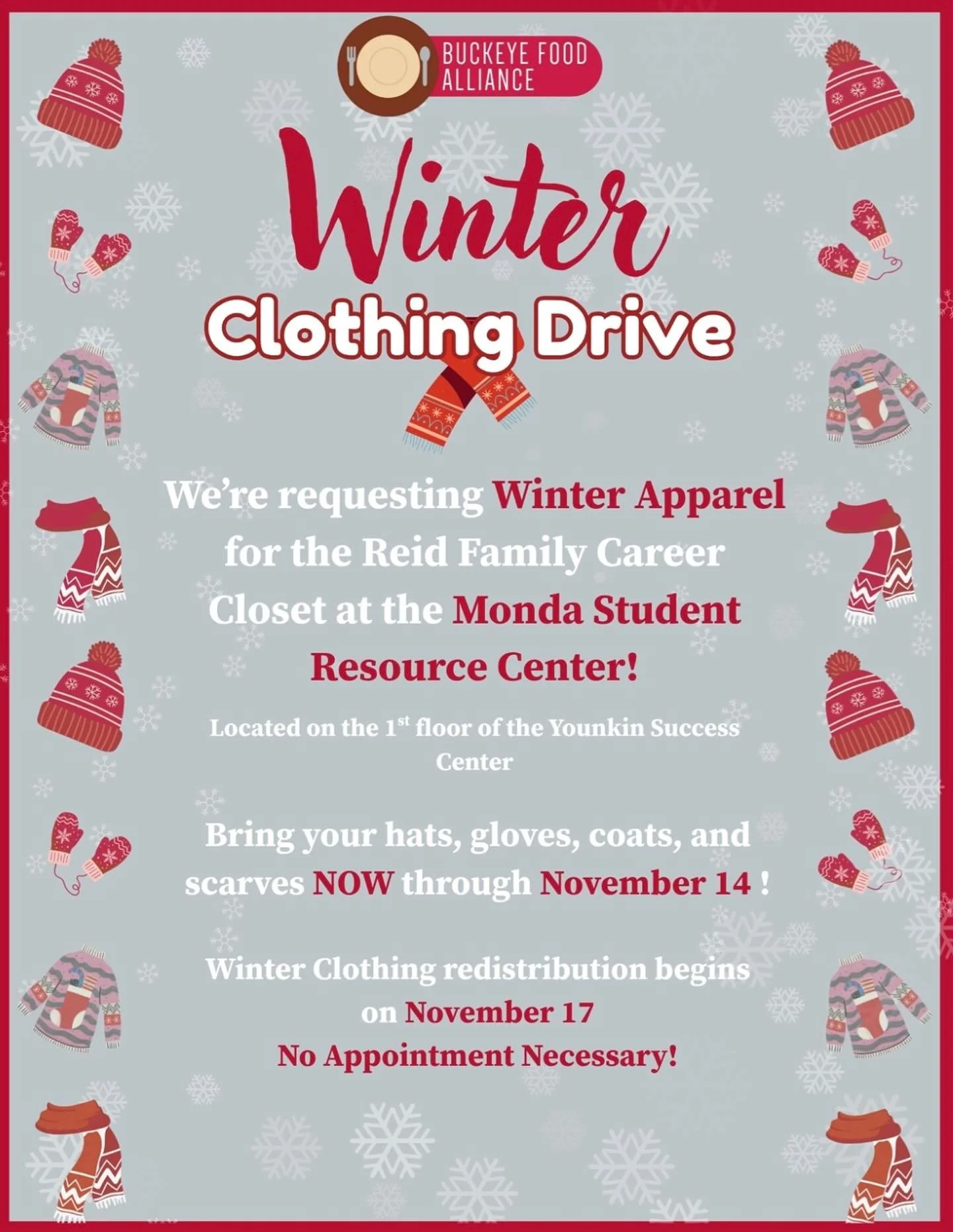 We are having a winter clothing drive! Donations of hats, gloves, coats and scarves can be brought to the MSRC in the Younkin Success Center on campus. We appreciate your generosity. Stay warm Buckeyes!❄️🧣
