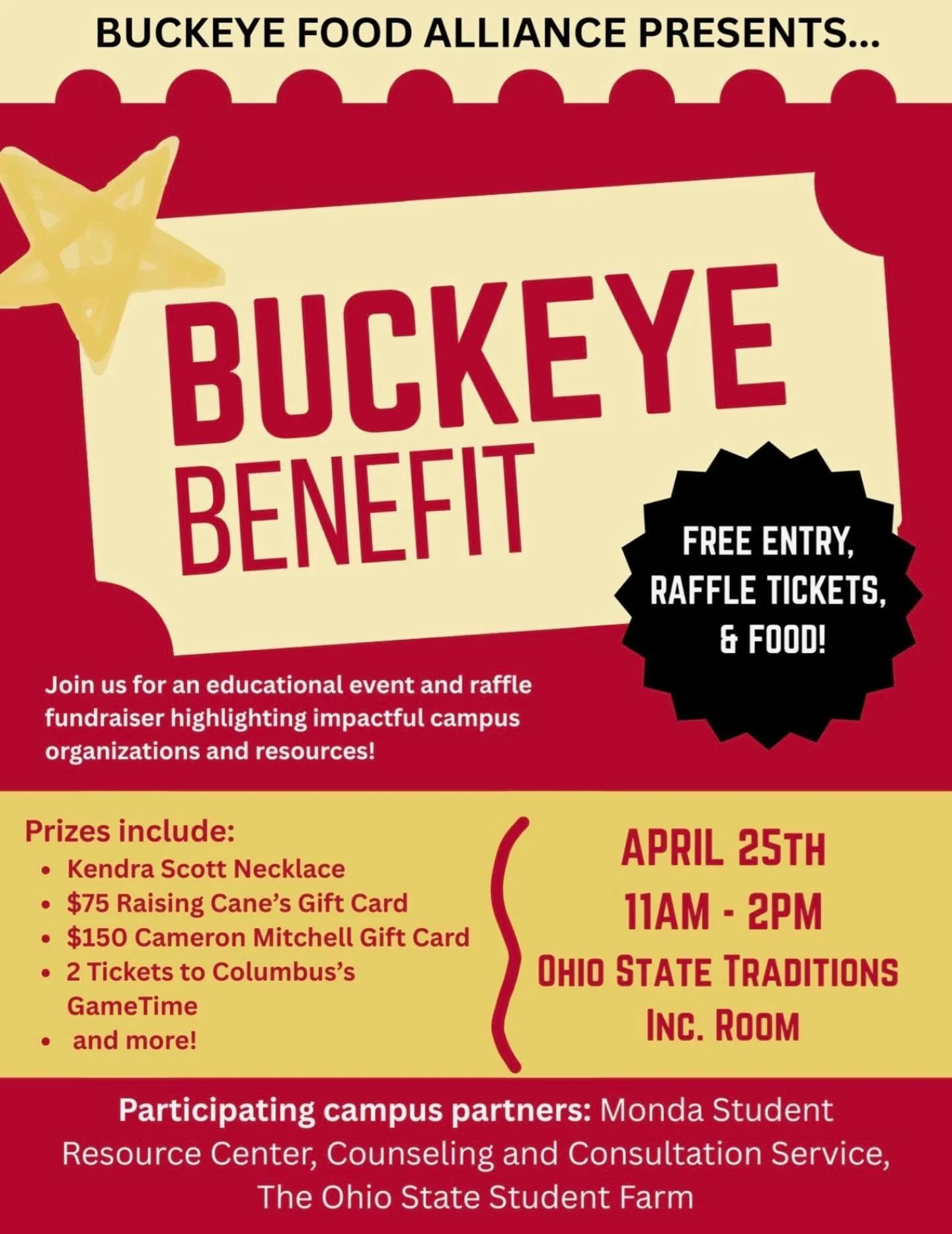 Buckeye Food Alliance presents&hellip; The Buckeye Benefit! 

Stop by anytime between 11:00 AM &ndash; 2:00 PM to enjoy snacks and enter for a chance to win exciting prizes, including:
&nbsp;&nbsp;&nbsp;&nbsp;&bull;&nbsp;&nbsp;&nbsp;&nbsp;Kendra Scot