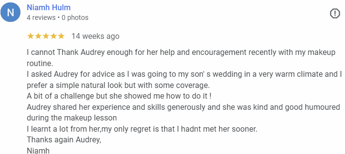 Screenshot of a 5-star online review for Audrey, praising her for makeup advice and encouragement.