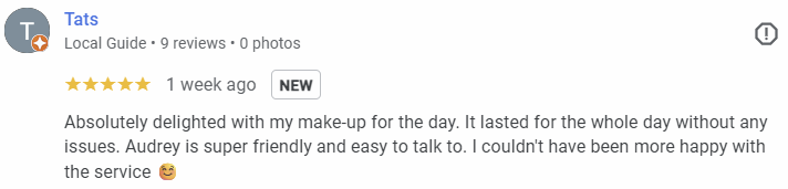 Screenshot of a positive review for Tats, a local makeup service, praising Audrey for her friendly service and long-lasting makeup.