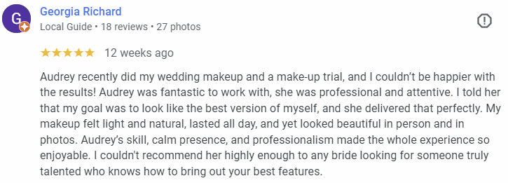 Screenshot of a positive online review about a wedding makeup artist and the reviewer's experience.