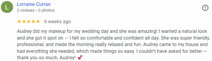 Screenshot of a positive online review about makeup services for a wedding day.