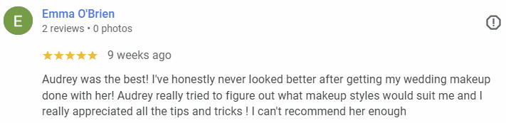 Screenshot of a customer review for Audrey, praising her wedding makeup skills.