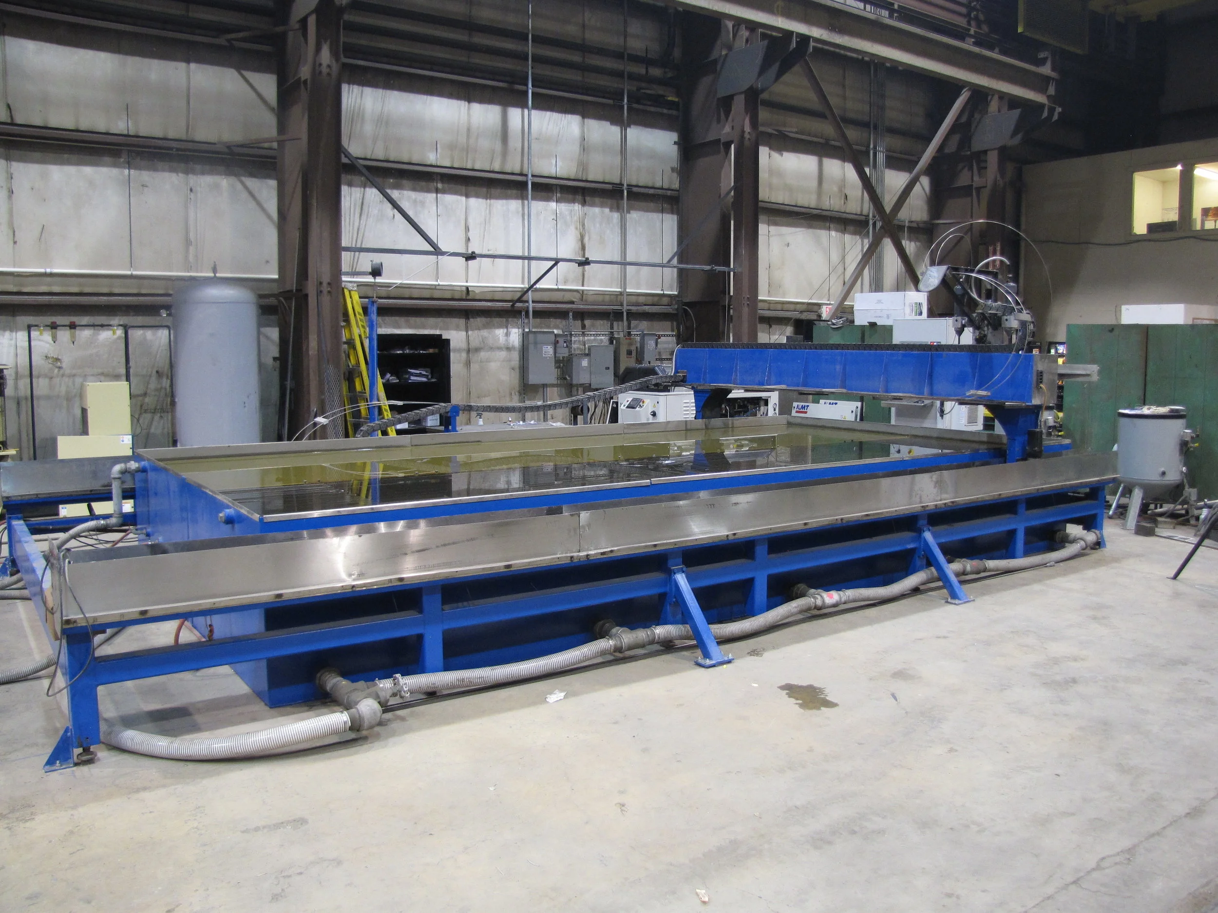 Ohio Steel's newest addition to our burning capabilities is a Romeo CNC Waterjet machine. The x-axis travel 245.488" and y-axis travel is 112.625. The KMT Streamline water intensifier operates at 60,000 psi with single or dual heads cutting from 3" to 61" inches apart. Any material can be cut up to 6" thick. The abrasive garnet mixed with high pressure water allows for clean burning on harder materials, cutting down on cleaning, grinding, and prep time for your raw materials.