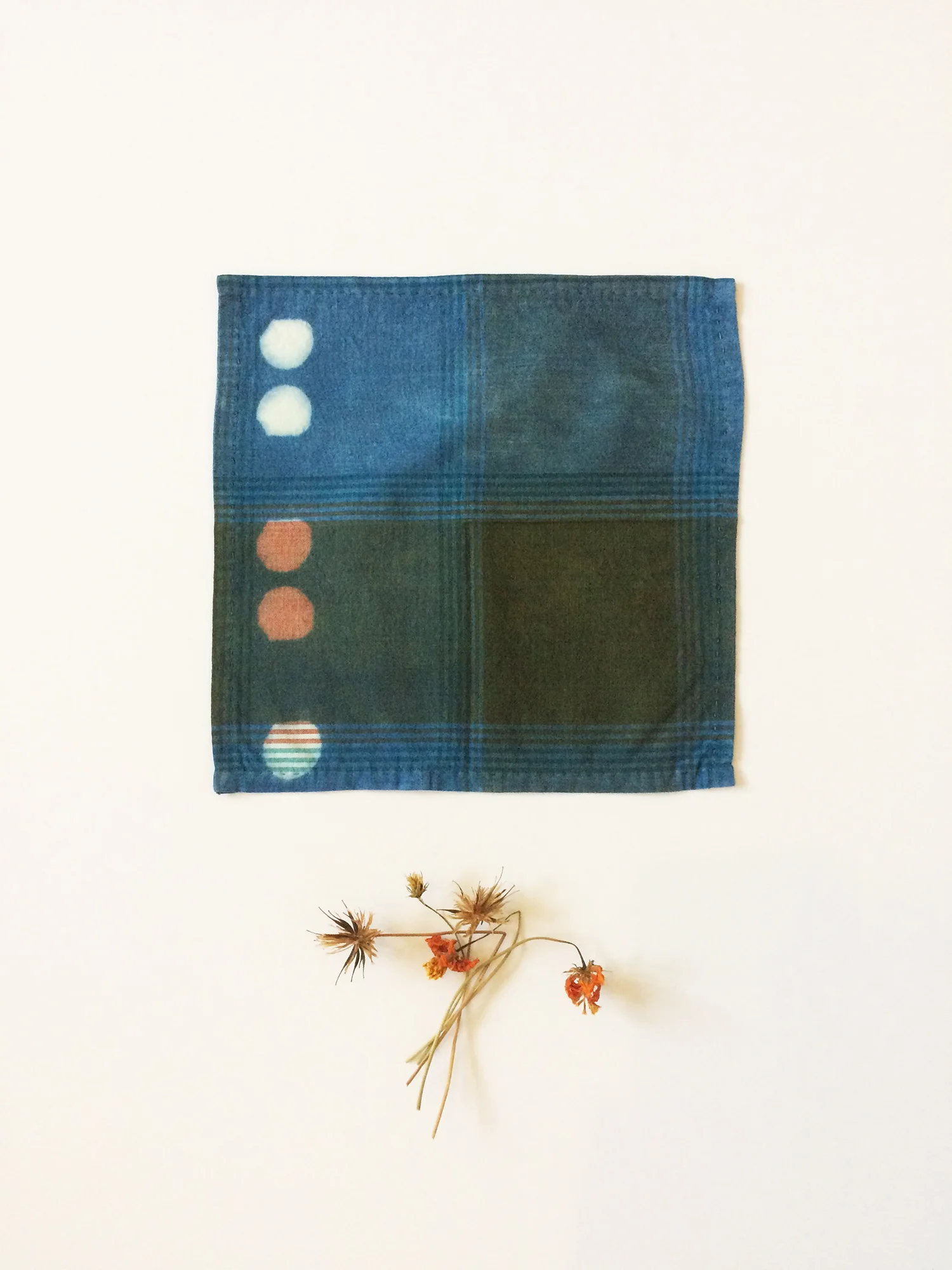 Indigo Plaid Handkerchief // Recycled cotton from one of Tavi's old button downs, hemmed by hand and then indigo dyed. // October 2016