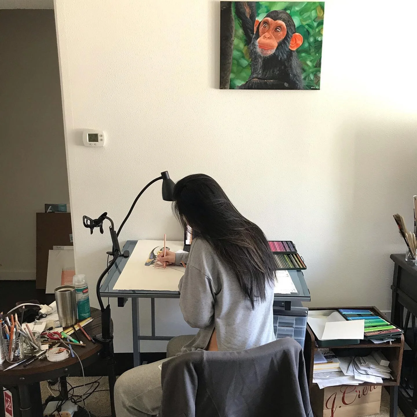 In my favorite place in this universe with Chimpu watching over me. 278 days in business. Forever to go. Thanks for following. 

#artistsofinstagram #creativeentrepreneur #practice #dreamchaser #goaldigger #creativebusiness #artistsofig #seattleartis