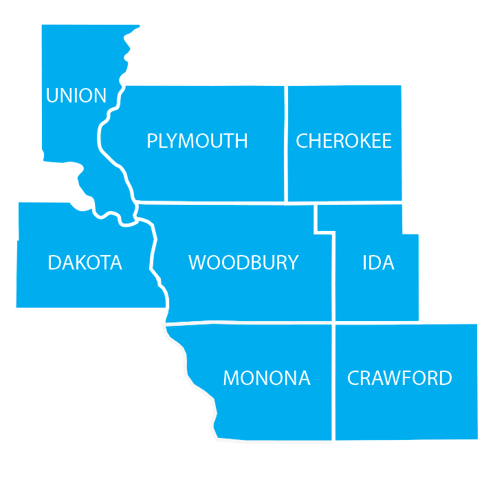 Map of the state of Idaho highlighting the counties of Union, Plymouth, Cherokee, Dakota, Woodbury, Idaho, Monona, and Crawford in blue.