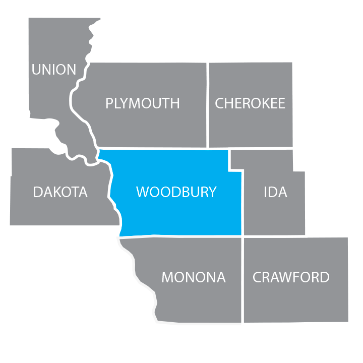 Map of counties with Woodbury County highlighted in blue.