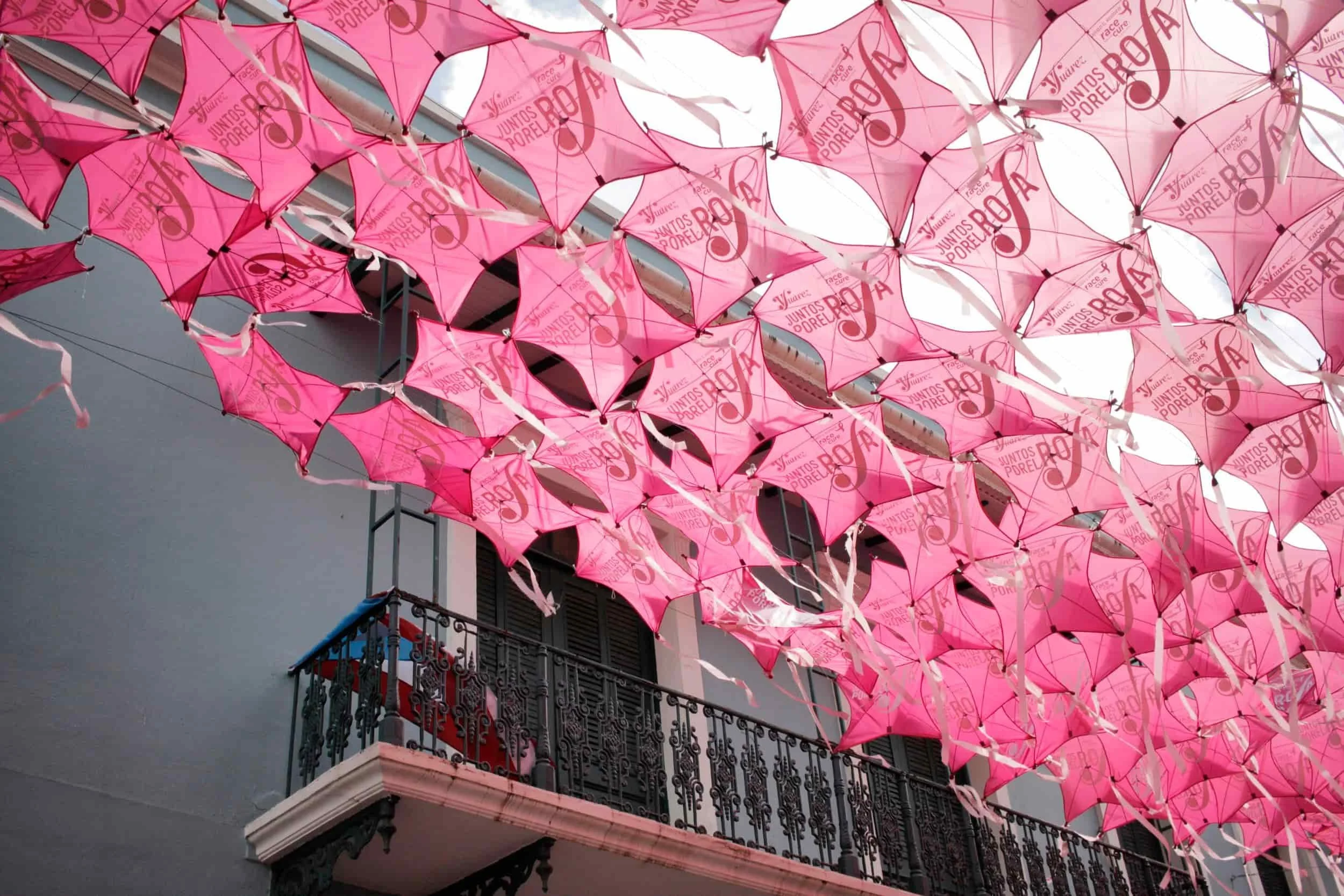 Umbrella Street in Viejo San Juan PR, pink kites overhead