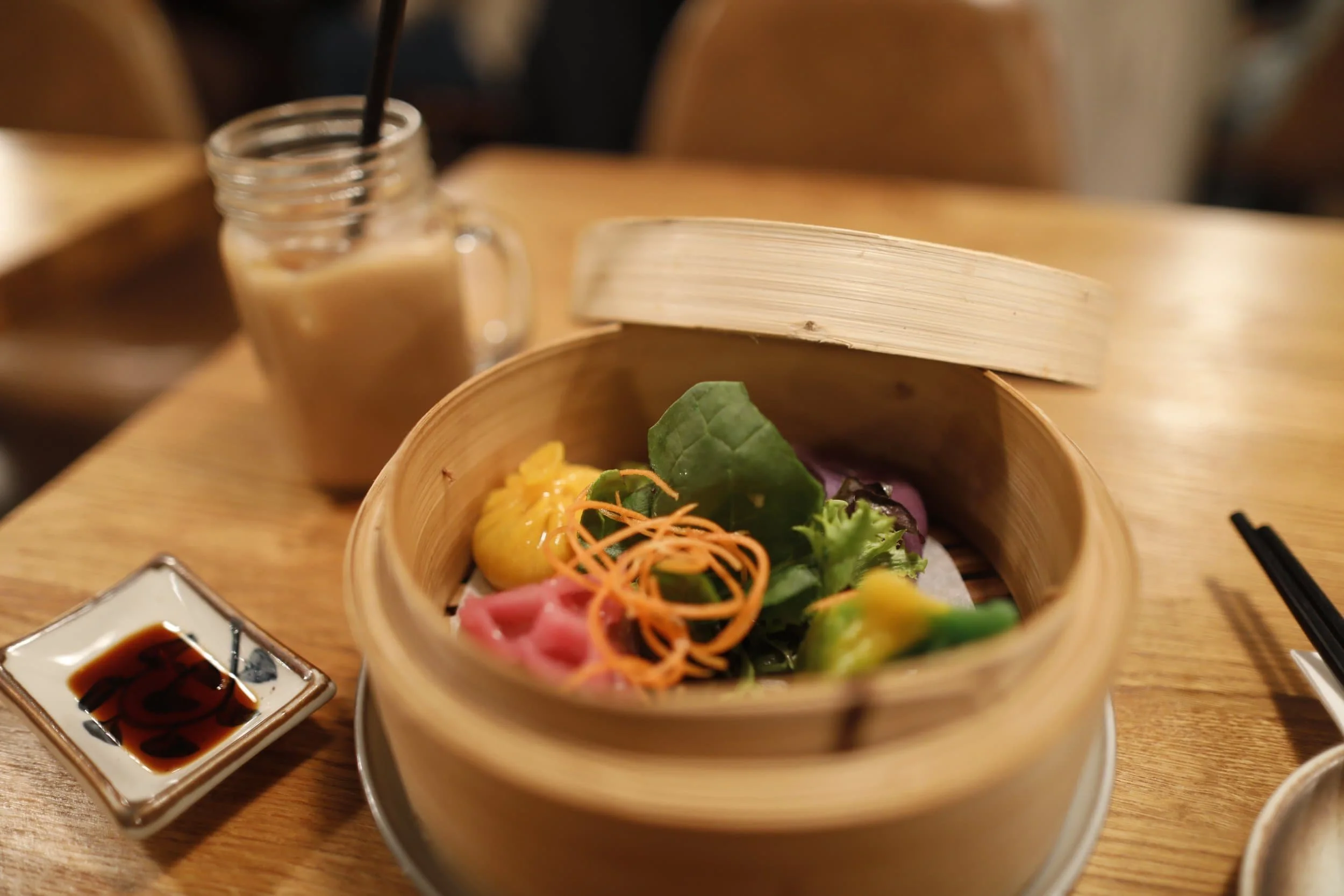 Colorful dumplings in a basket at Sentosa in London