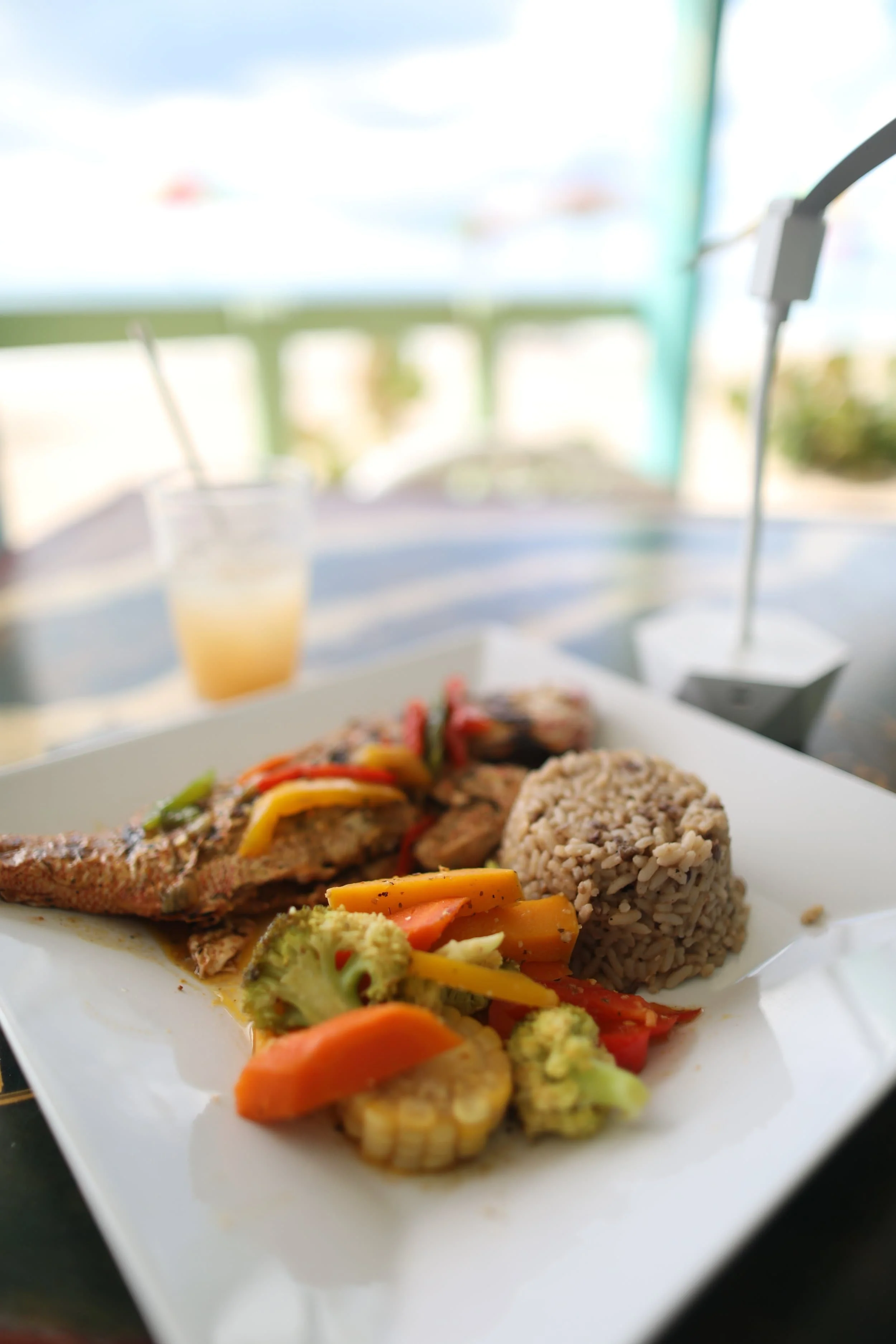 Red snapper plate with veggies and rice at Darkwood Beach on Antigua island