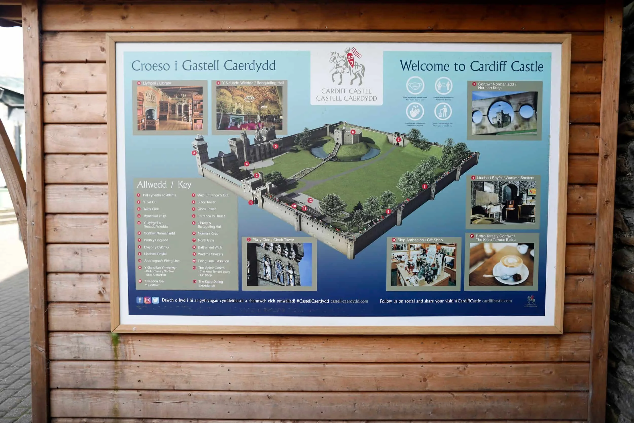 Wooden sign at Cardiff Castle showing its layout