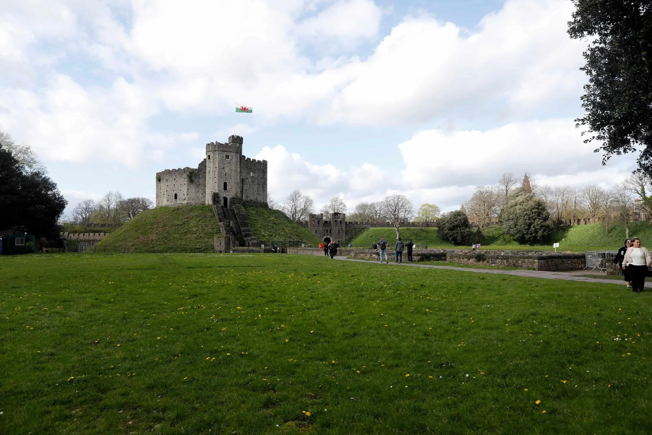Cardiff Castle with green lawn and blue sky, Cardiff UK