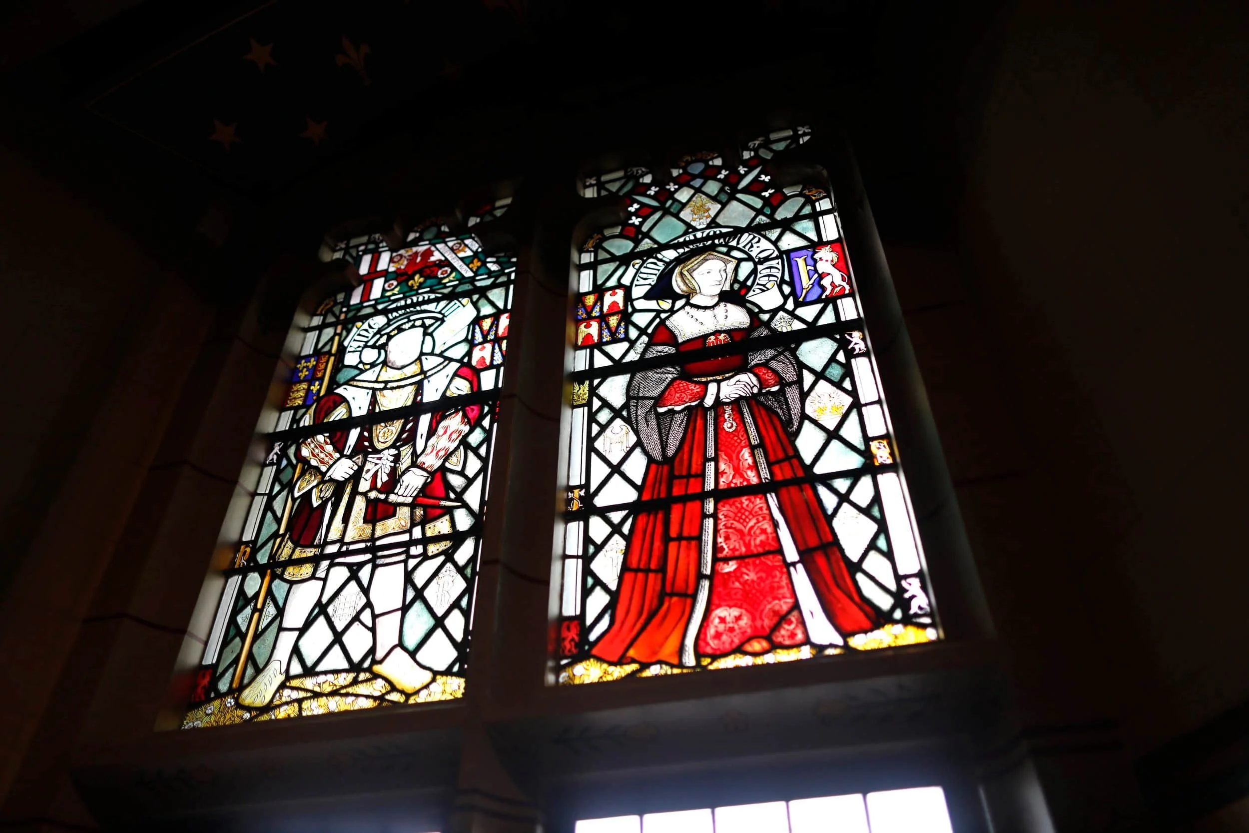 The Apartments at Cardiff Castle, colored stained glass, Cardiff UK