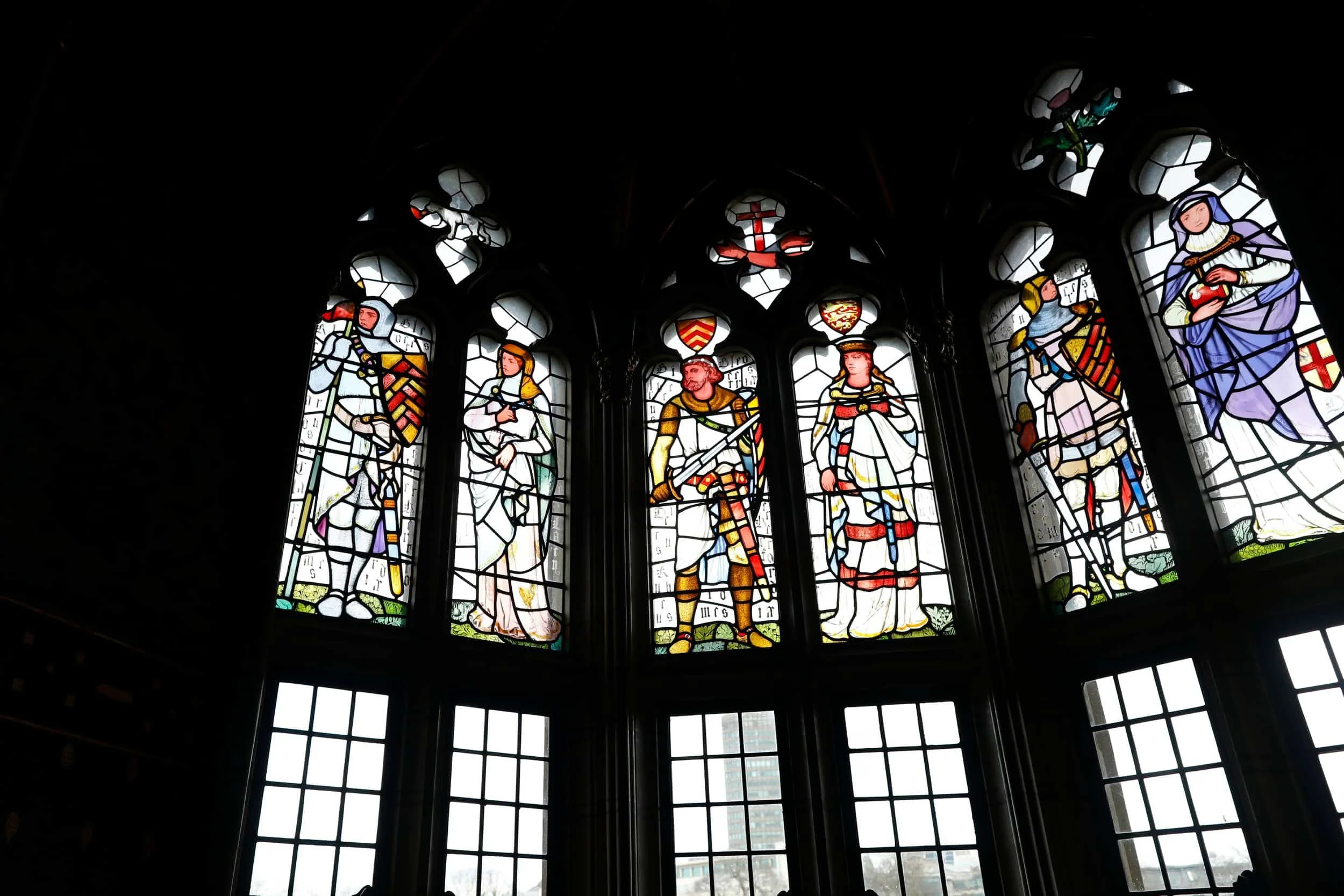 The Apartments at Cardiff Castle, colored stained glass, Cardiff UK