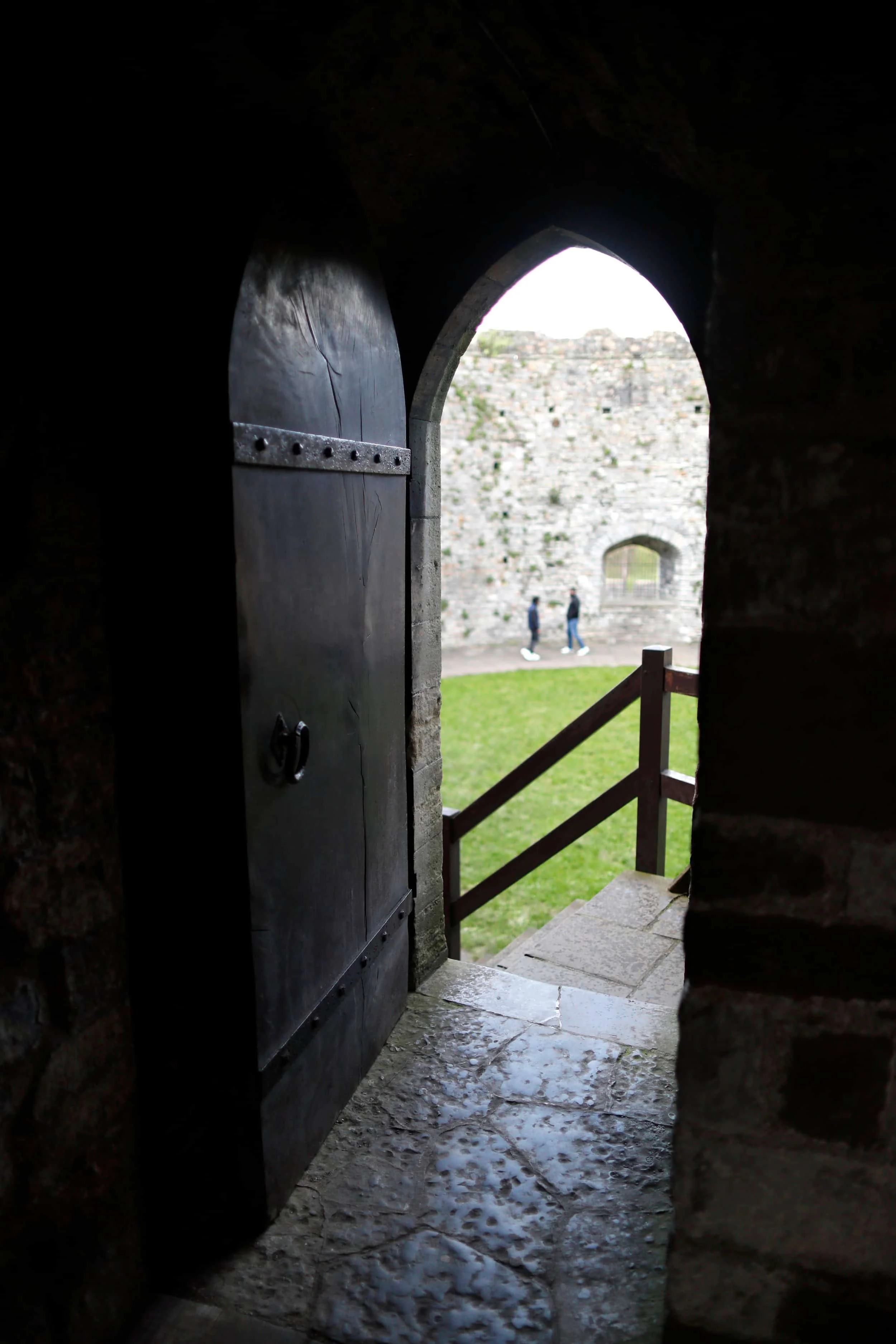 Looking out of Cardiff Castle on to a green lawn, Cardiff Wales