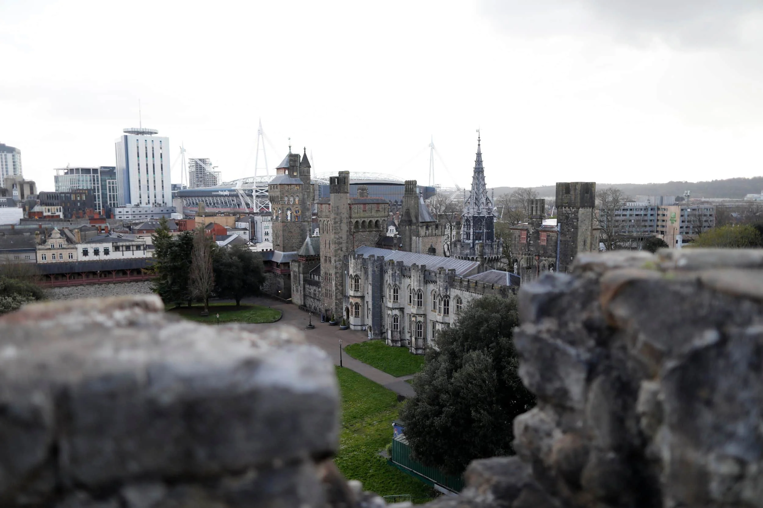 Views from atop Cardiff Castle on to a green lawn, Cardiff Wales