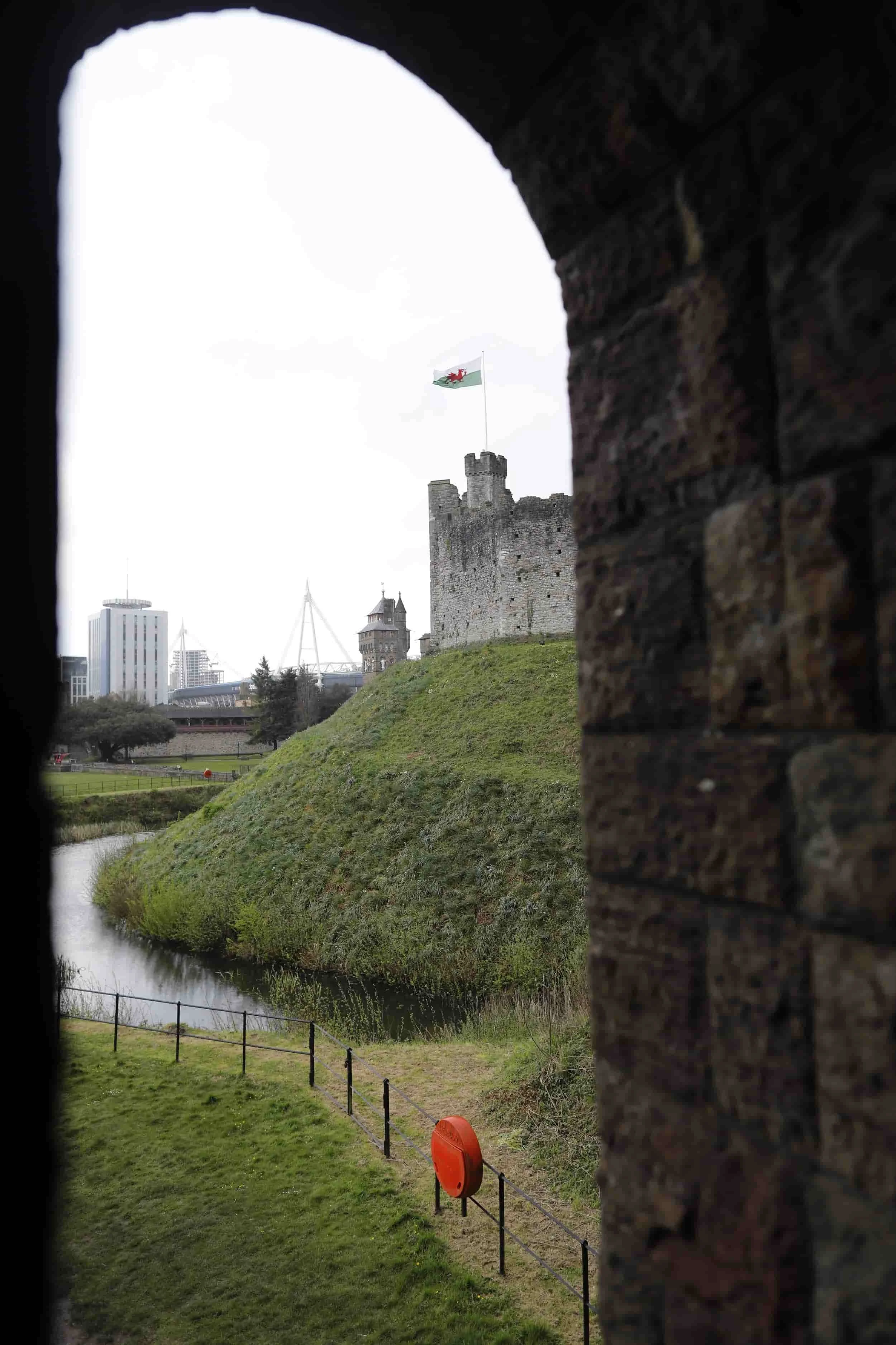 View from the Wartime tunnels at Cardiff Castle to the inner grassy courtyard, Cardiff UK