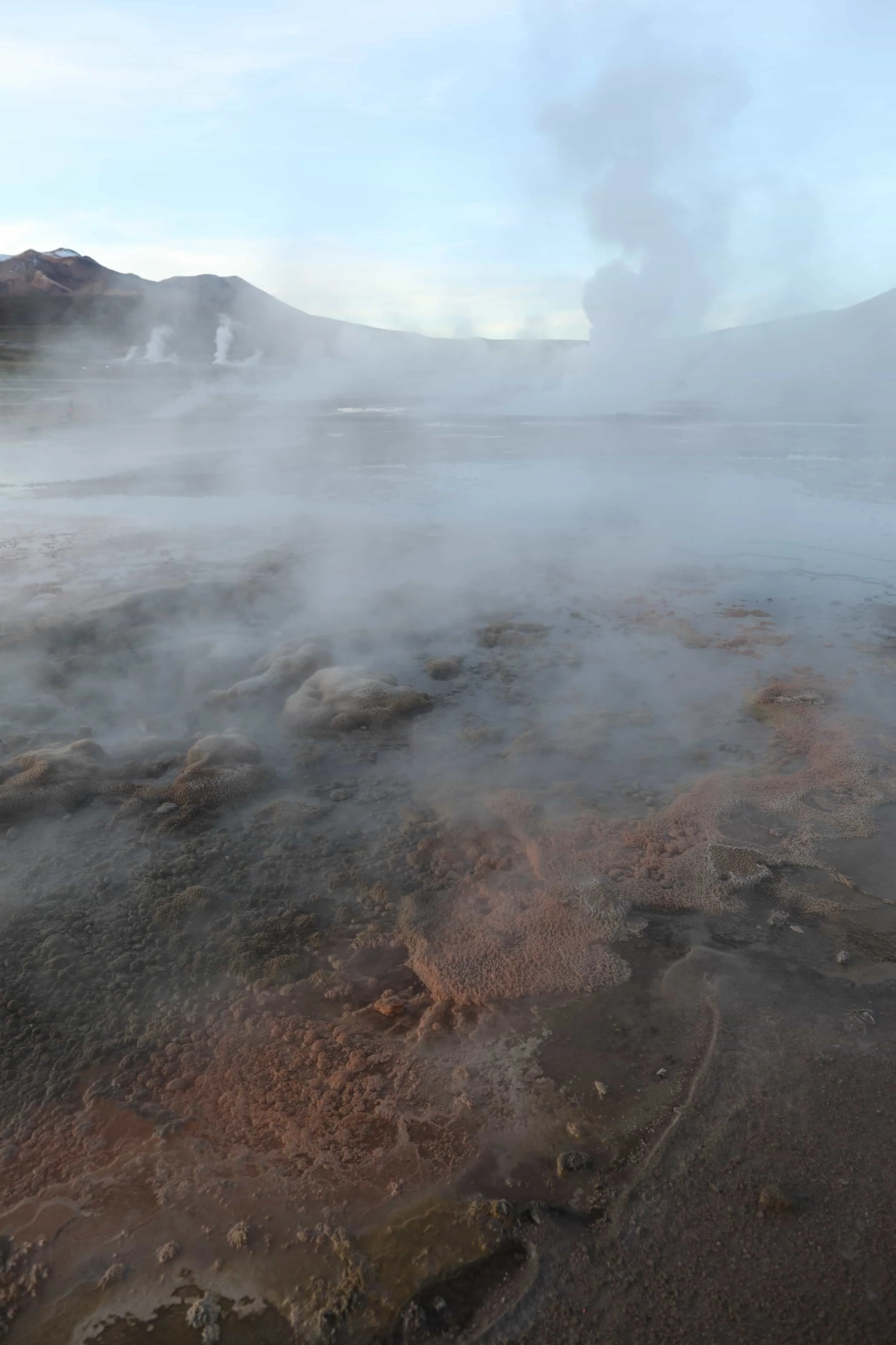Steam rising from the El Tatio Geysers at sunrise, surrounded by the dramatic volcanic landscape of the Atacama Desert in northern Chile.