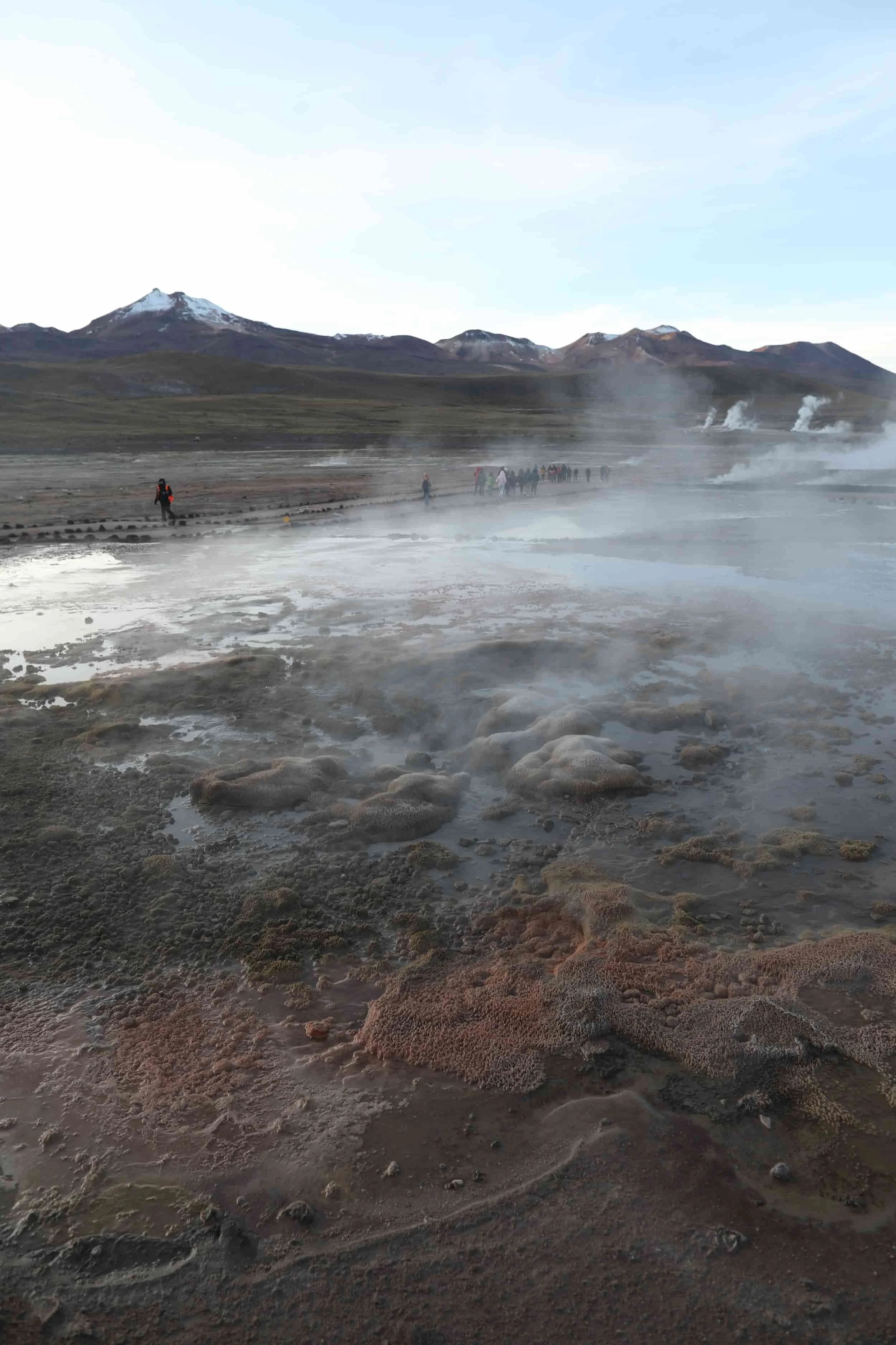 Steam rising from the El Tatio Geysers at sunrise, surrounded by the dramatic volcanic landscape of the Atacama Desert in northern Chile.