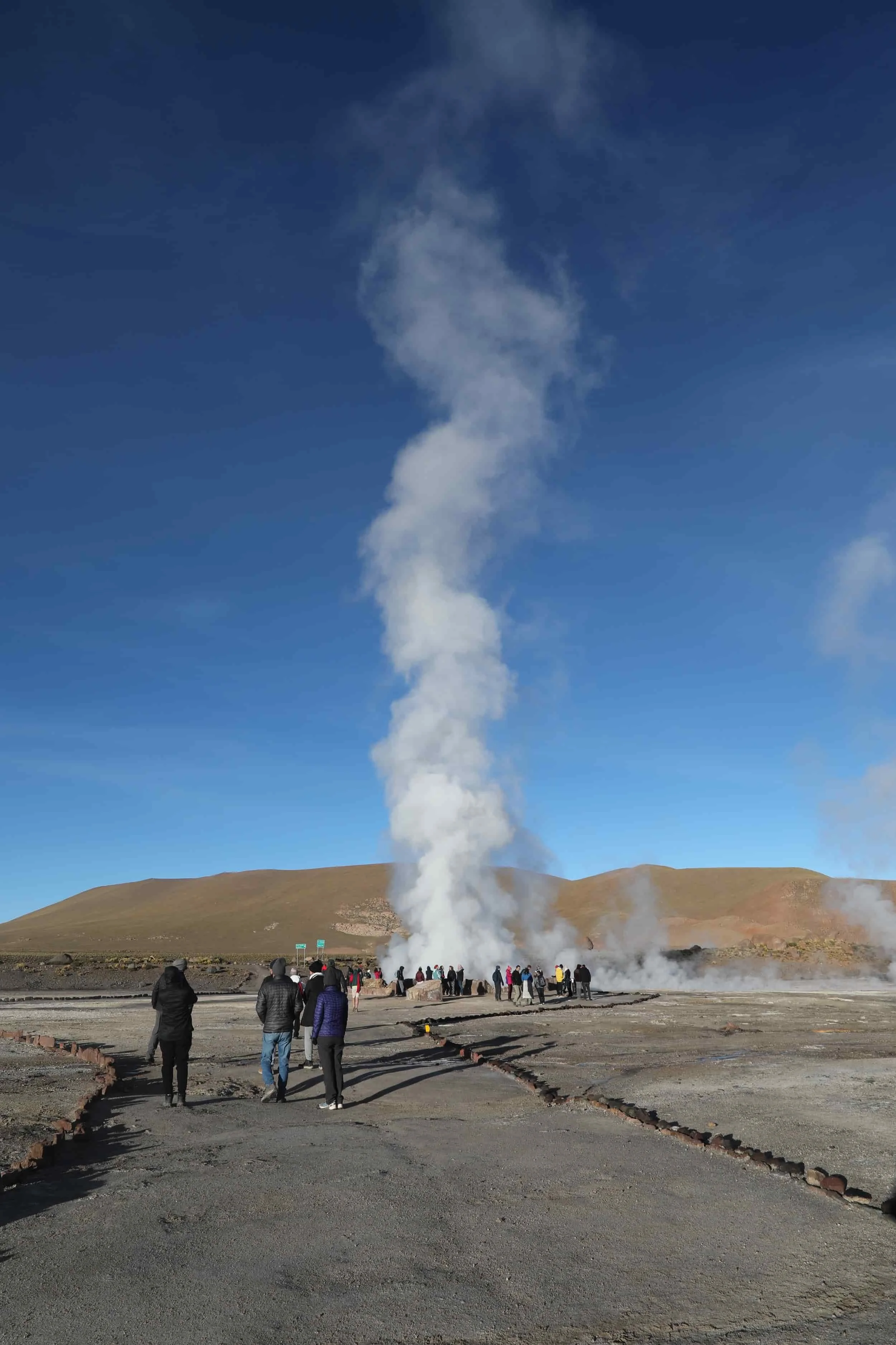 Powerful steam rising from the Assassin Geyser, surrounded by dark mineral formations at El Tatio in Chile.