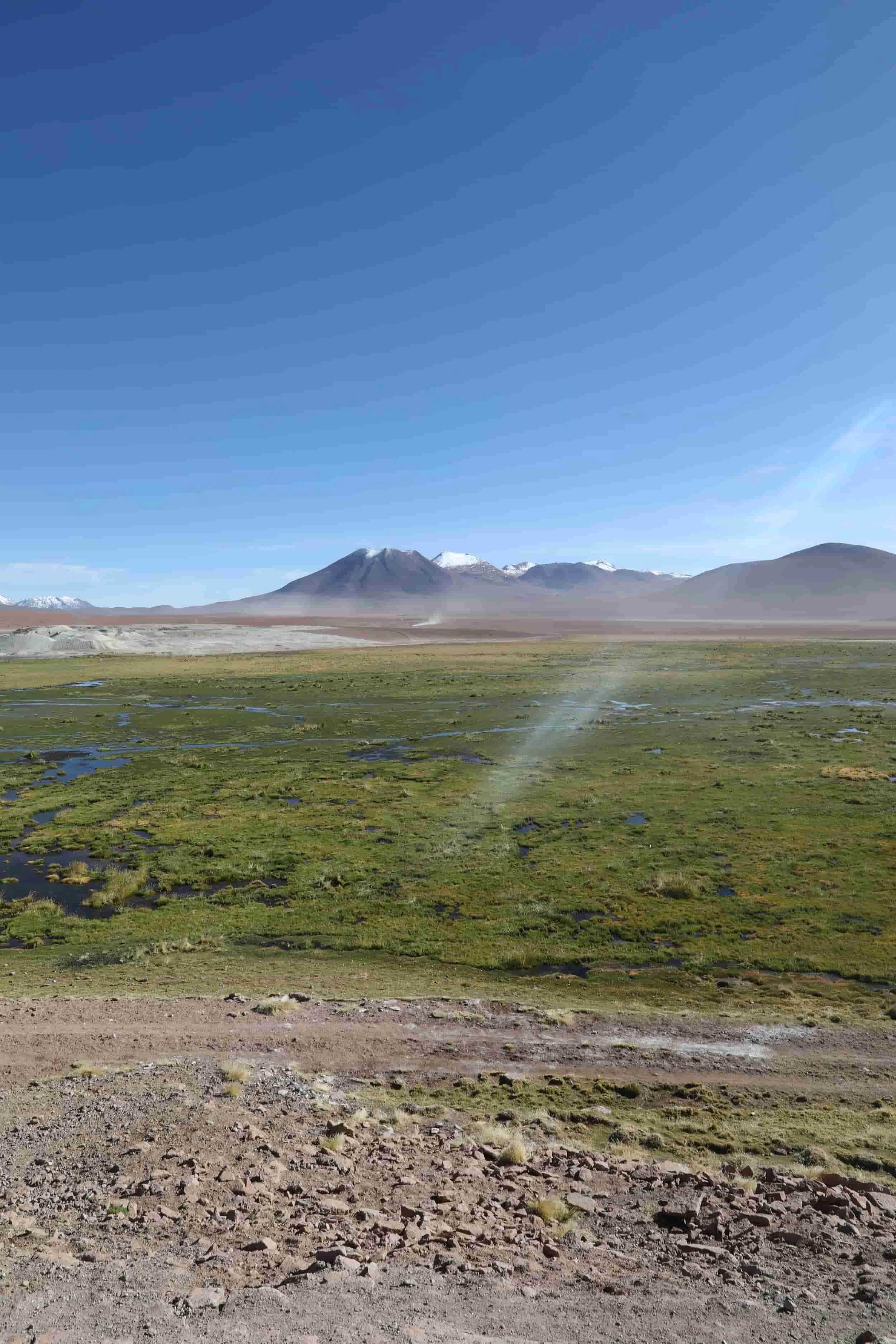 The Putana River winding through green Andean wetlands surrounded by volcanic mountains in northern Chile.