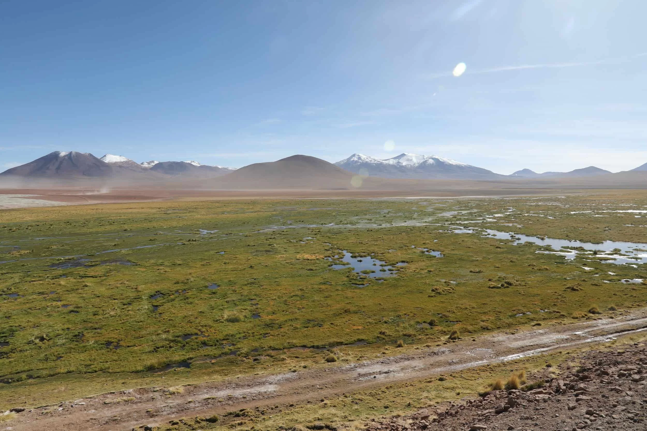 The Putana River winding through green Andean wetlands surrounded by volcanic mountains in northern Chile.