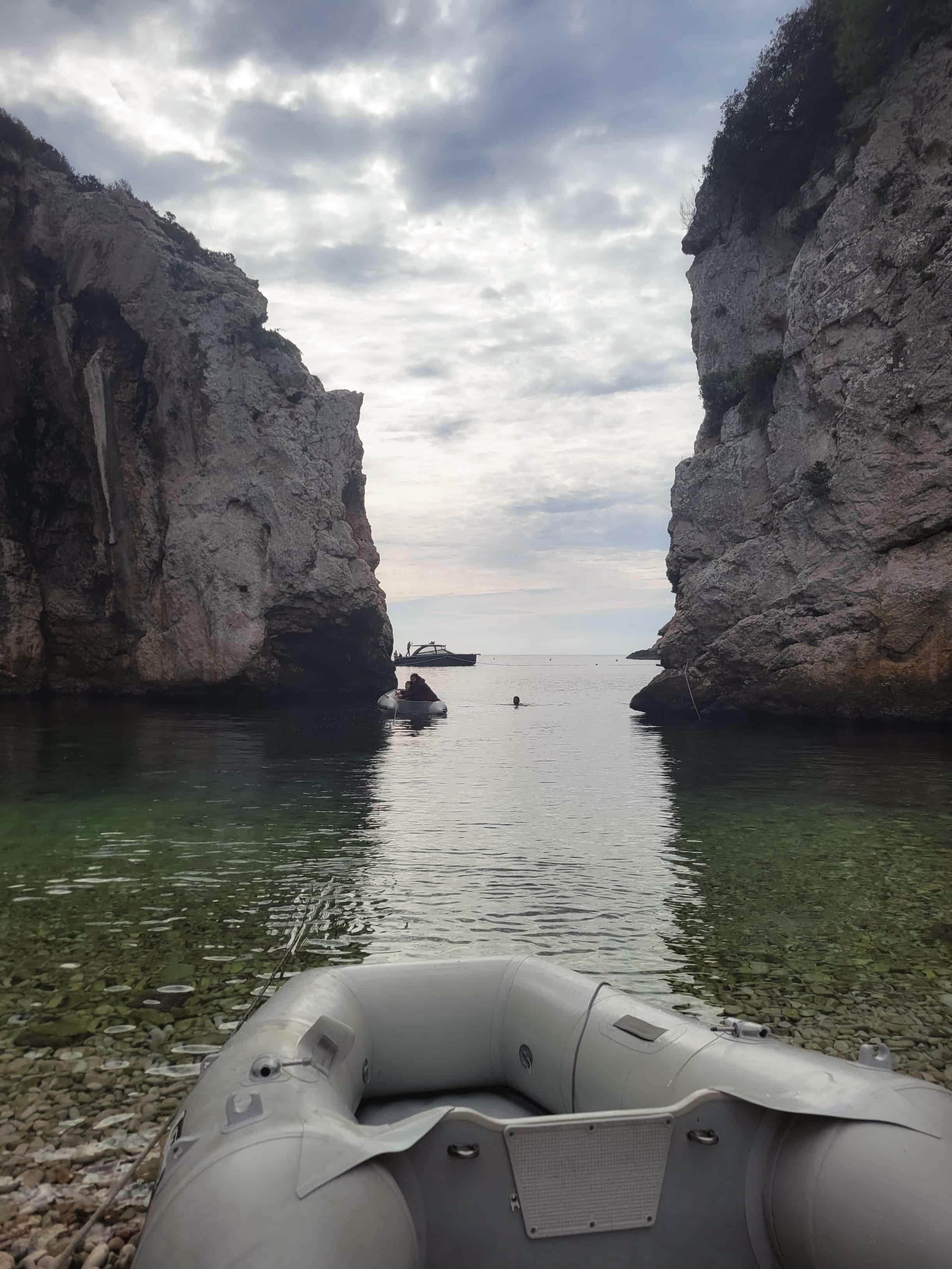 Views from Stiniva Cove with cliffs and the open ocean, Croatias Island of Vis