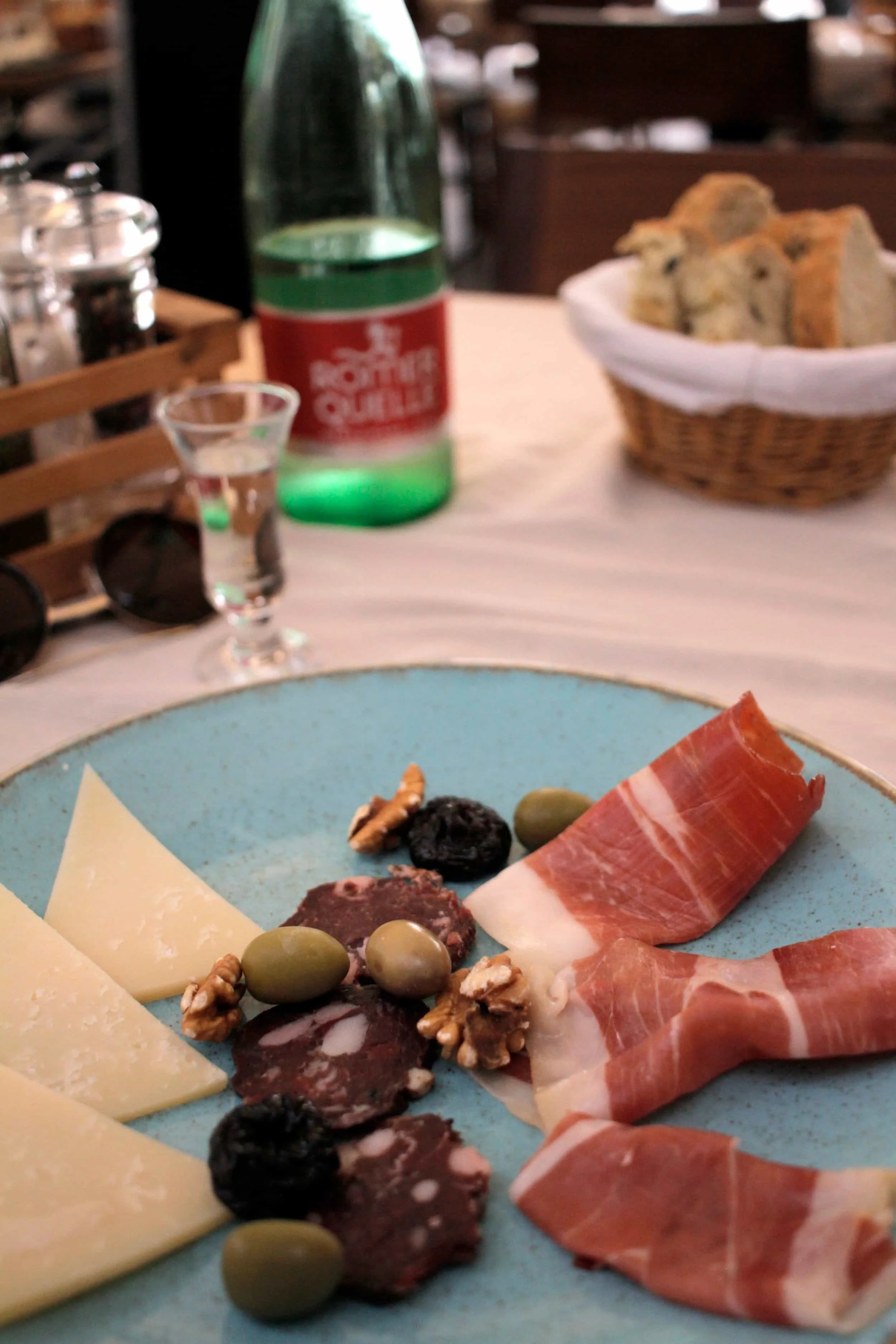 Table with meats and cheese at restaurant in Hvar Island in Croatia