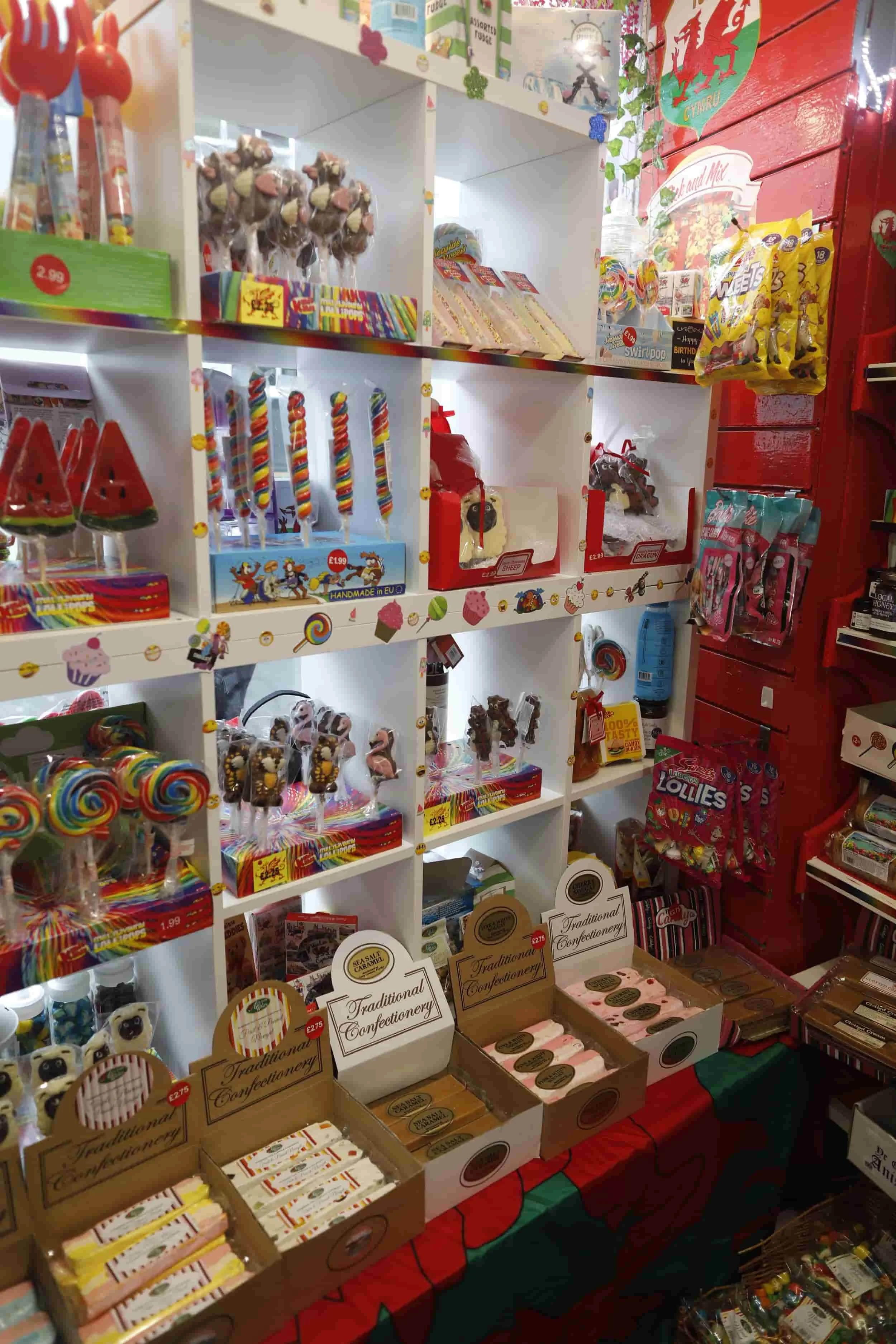 Candy displays inside candy shop, Welsh Sweets &amp; Treats, in Tenby Wales