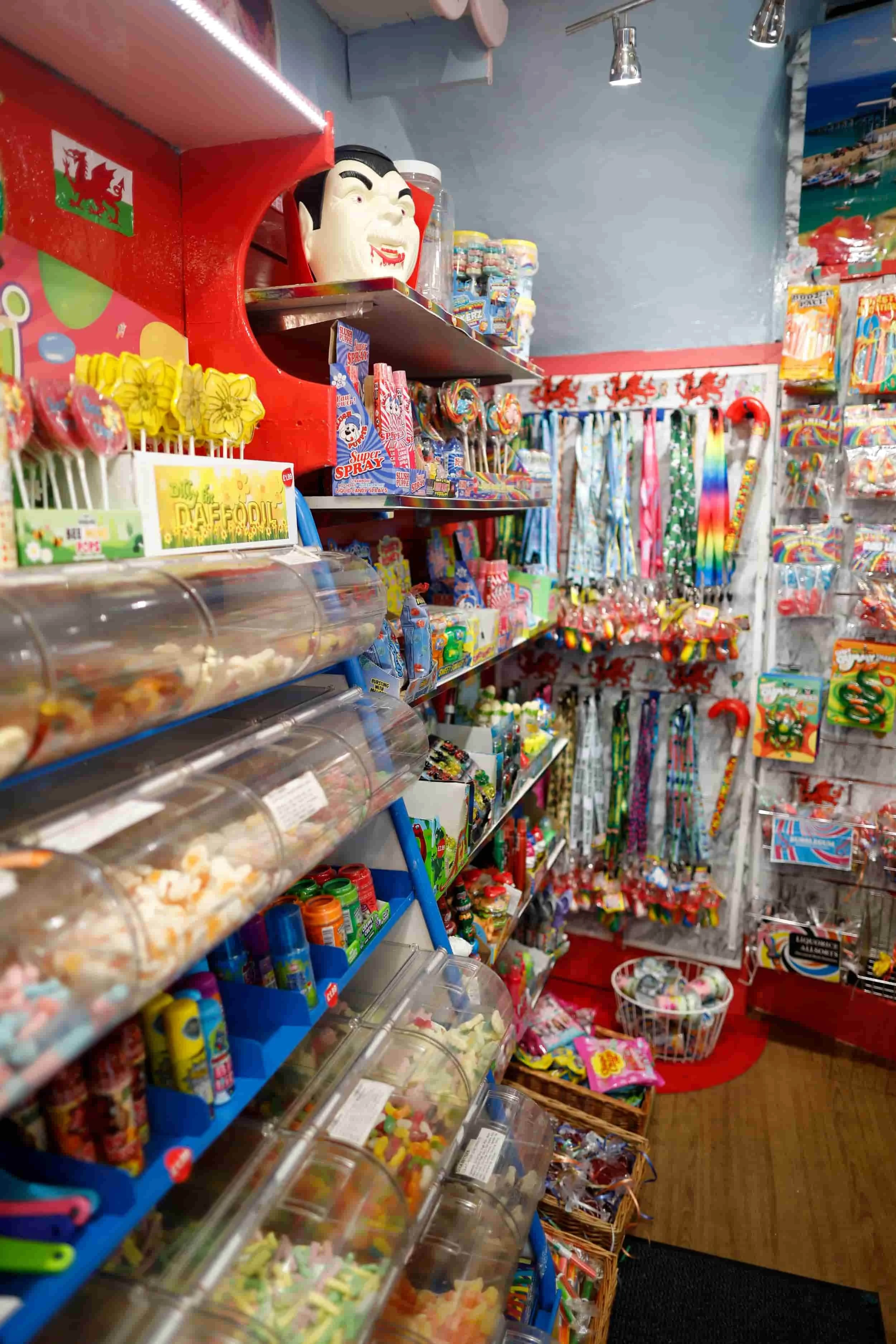 Candy displays inside candy shop, Welsh Sweets &amp; Treats, in Tenby Wales