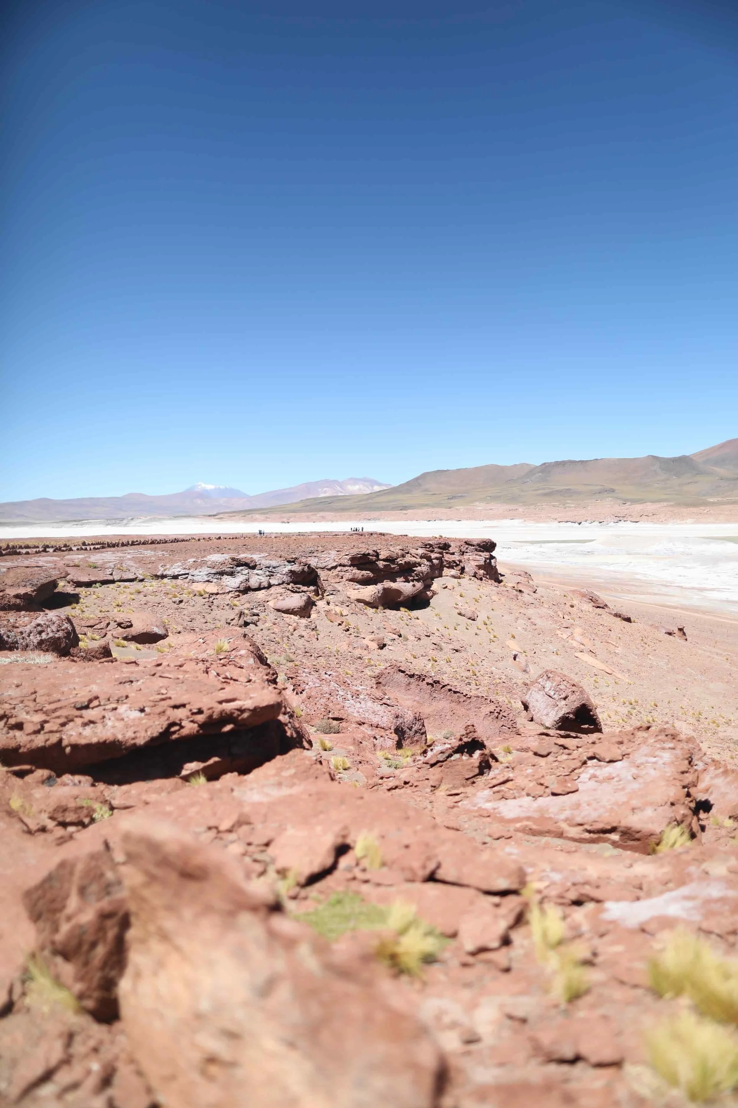 Desert with red rocks and mountains in the distance at Piedras Rojas in Atacama Desert in Chile