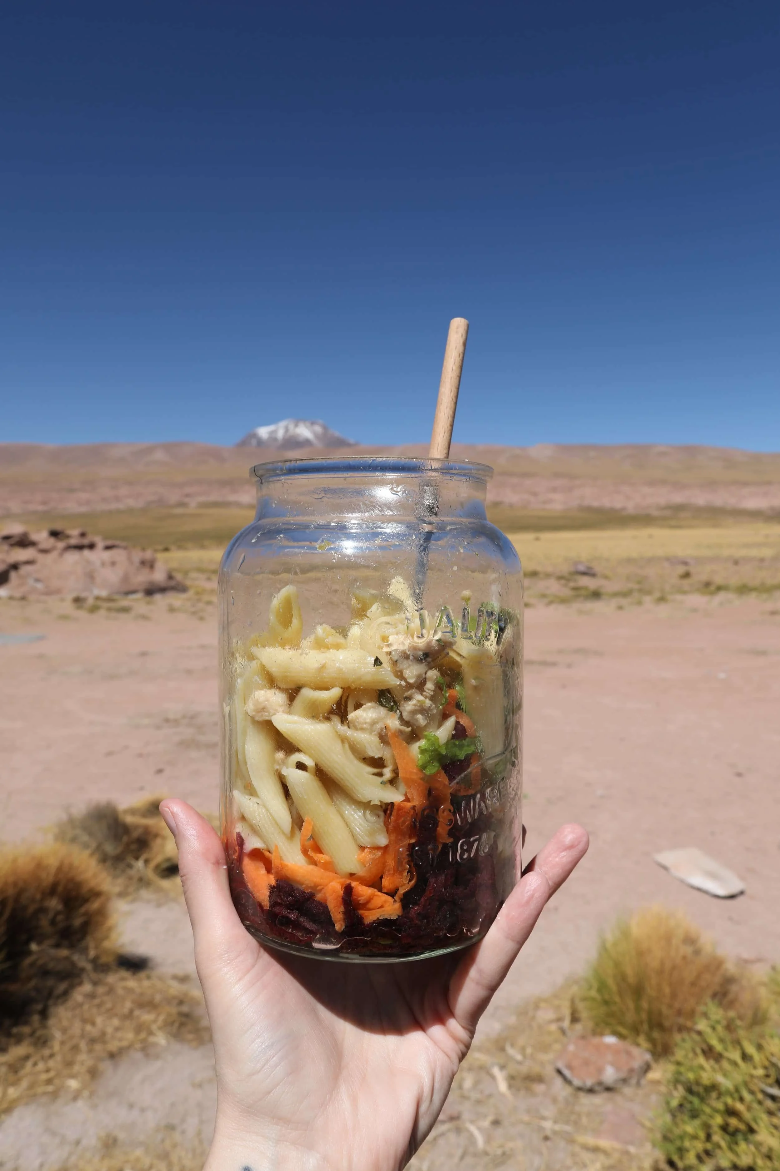Hand holding mason jar filled with noodles and vegetables, desert and mountains beyond