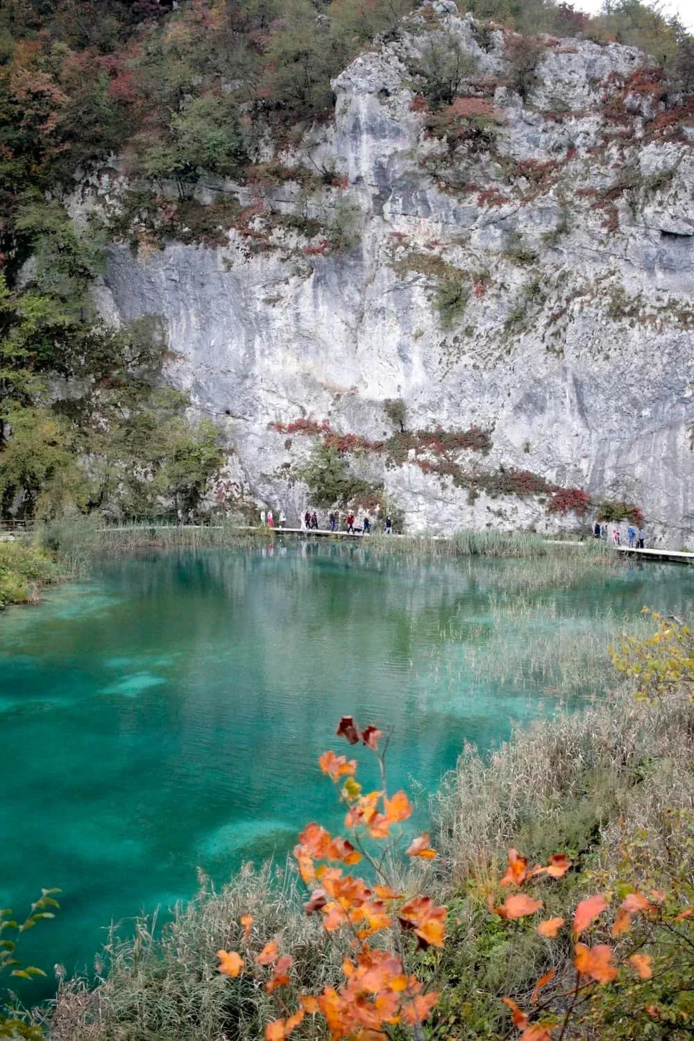 Plitvice Lakes, emerald water with a sheer rock face and autumn leaves