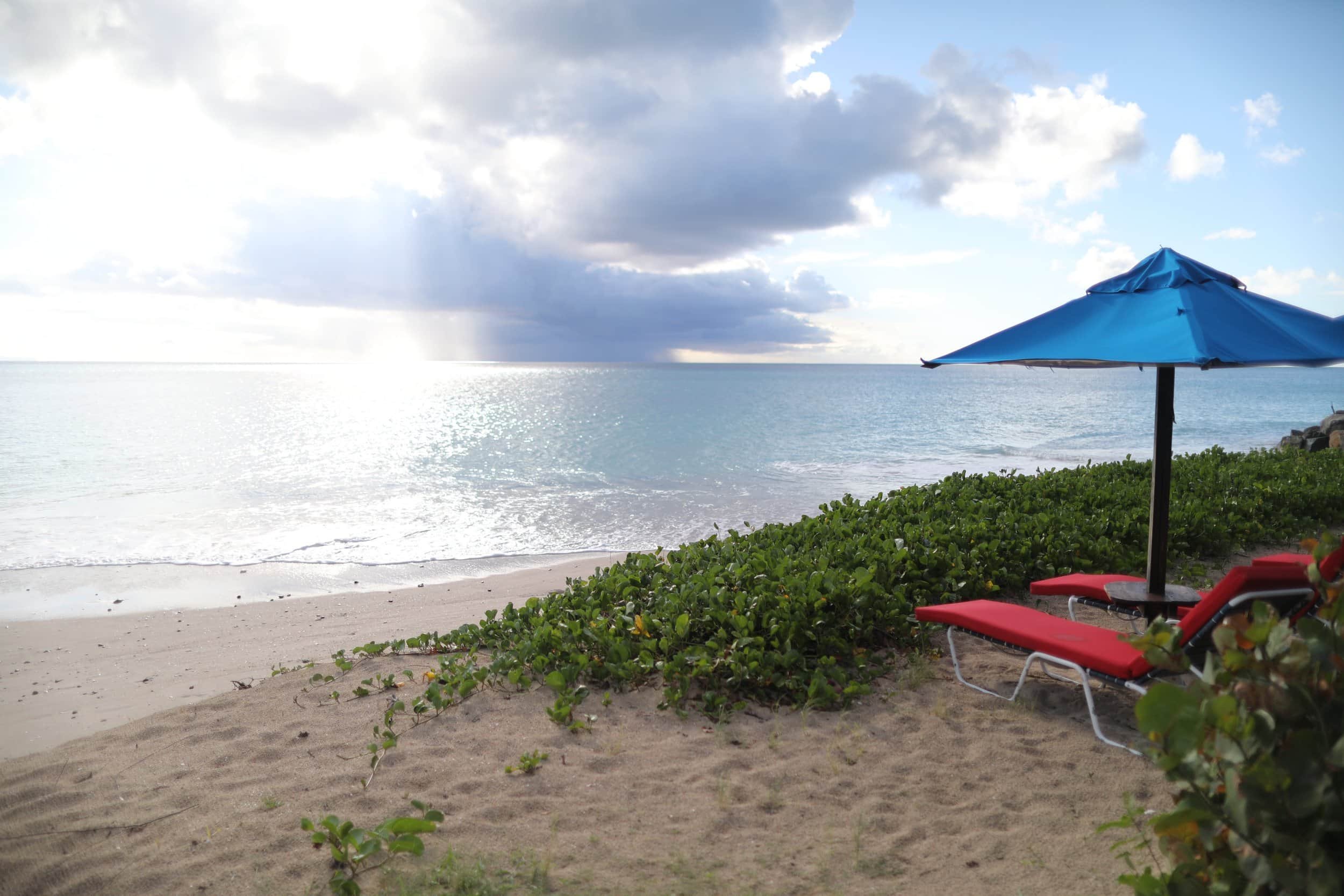 Beach and ocean at sunset with red sun chairs, blue umbrella and green plants