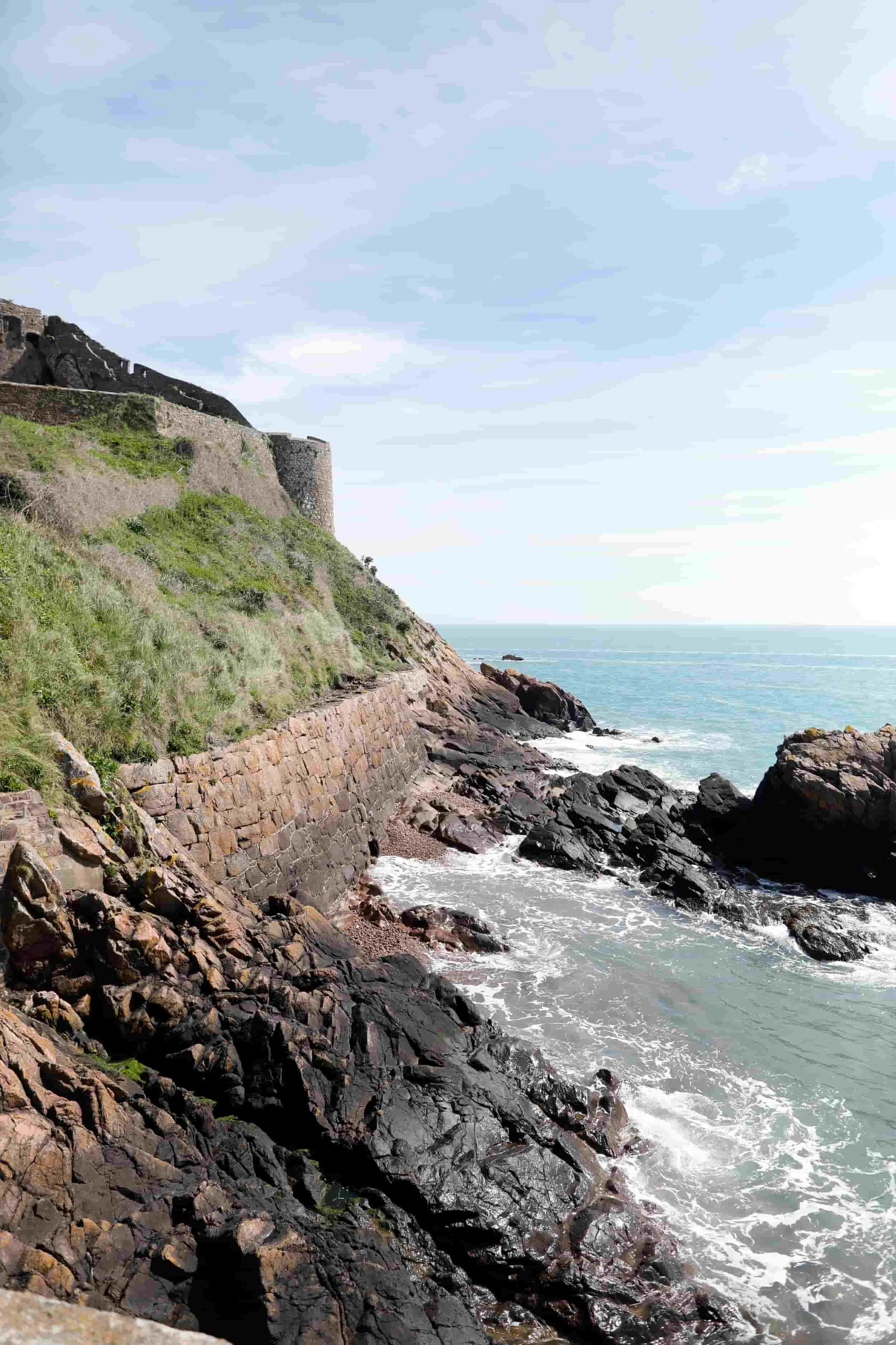 Looking up at the edge of Cardiff castle overlooking the ocean