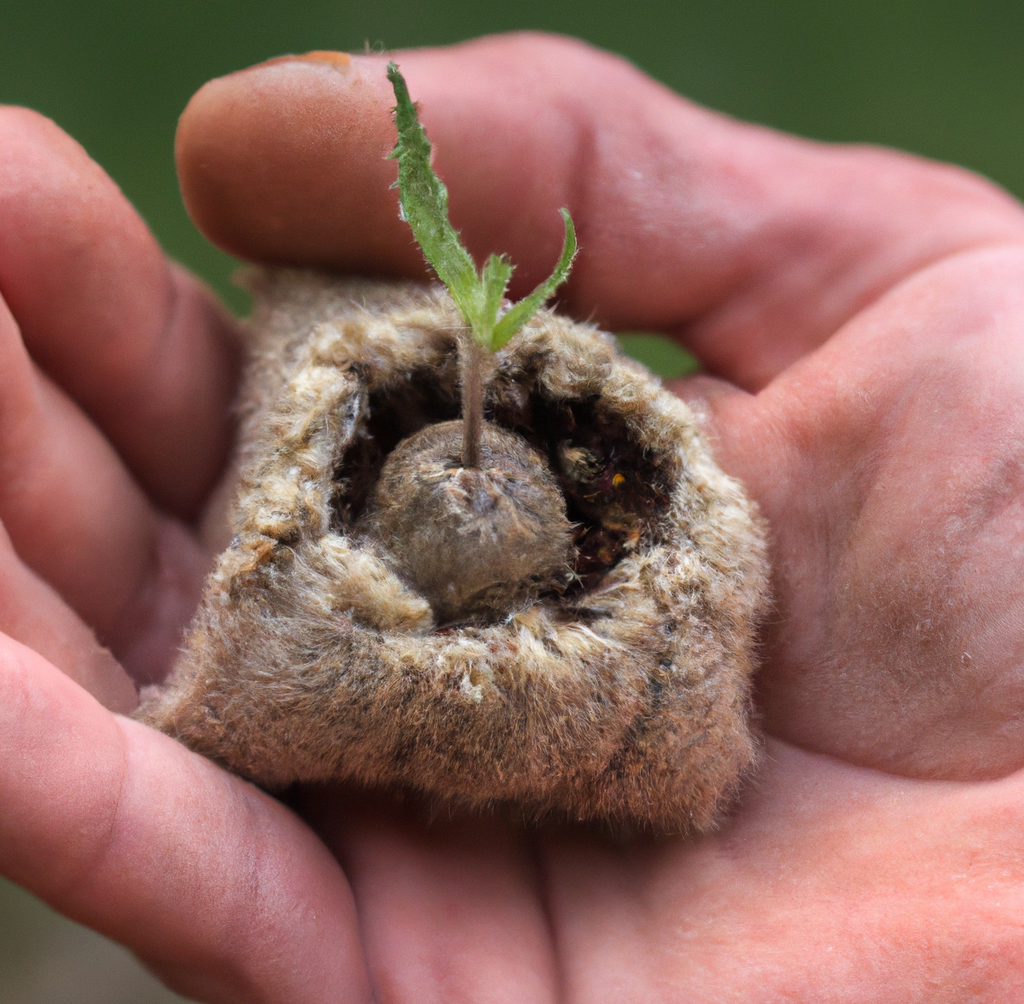 DALL·E 2022-11-24 22.09.48 - human fingers holding a woven hemp pouch with a half cracked small soil ball inside revealing a sapling growing inside with root in a forest backgrou.png