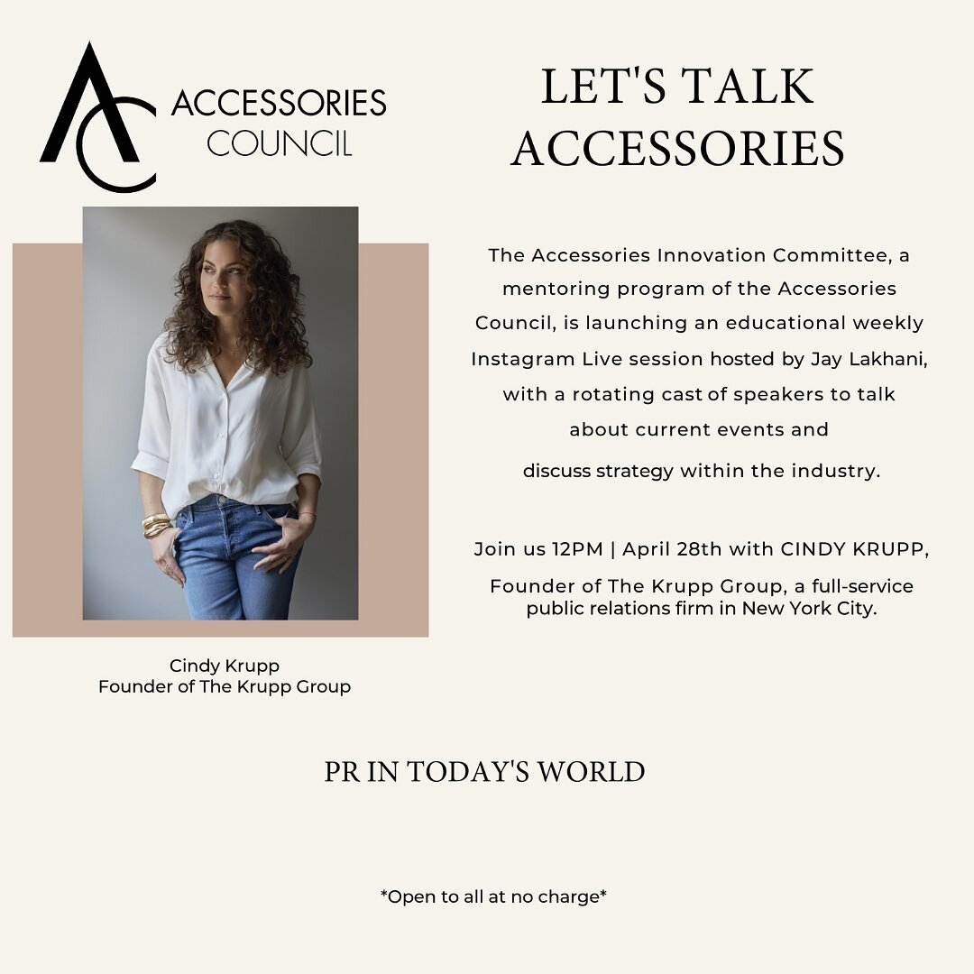 Join our founder Cindy in a candid conversation  on &lsquo;PR in Today&rsquo;s World&rsquo; this Wednesday at 12PM ET, hosted on @accessoriescouncil IG Live with Jay Lakhani. We&rsquo;ll see you there💬