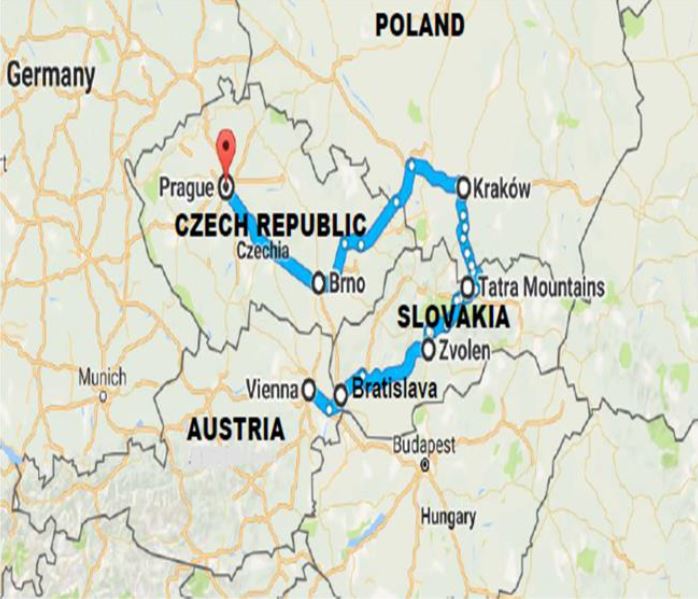 The blue trail on the map shows the approximate journey of the KALP tour. 